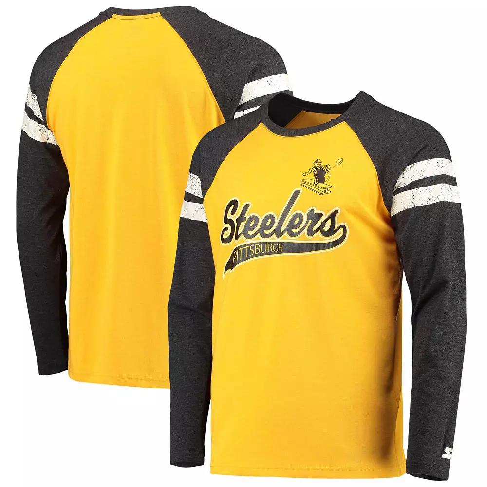Men's Starter Gold/Black Pittsburgh Steelers Throwback League Raglan Long Sleeve Tri-Blend T-Shirt,  Product Image