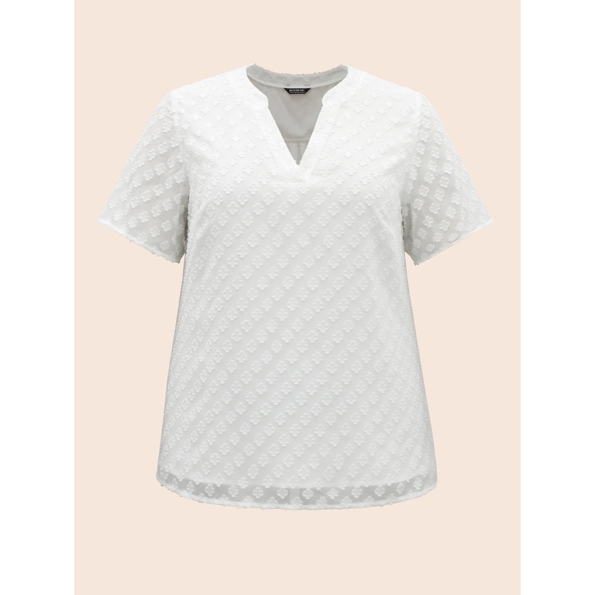 Plus Size Originalwhite Jacquard Notched Tiered Mesh Blouse Women Work From Home Half Sleeve Flat collar with V-notch Work Blouses BloomChic 14-16/1X Product Image