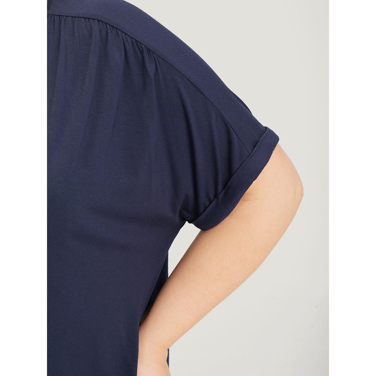 Plus Size Solid Notched Crisscross Roll Batwing Sleeve T-shirt Midnight Women Elegant Arc Hem Plain Notched collar Dailywear T-shirts BloomChic 14-16/1X Product Image