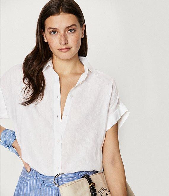Lauren Ralph Lauren Linen Point Collar Short Dolman Sleeve Shirt Product Image