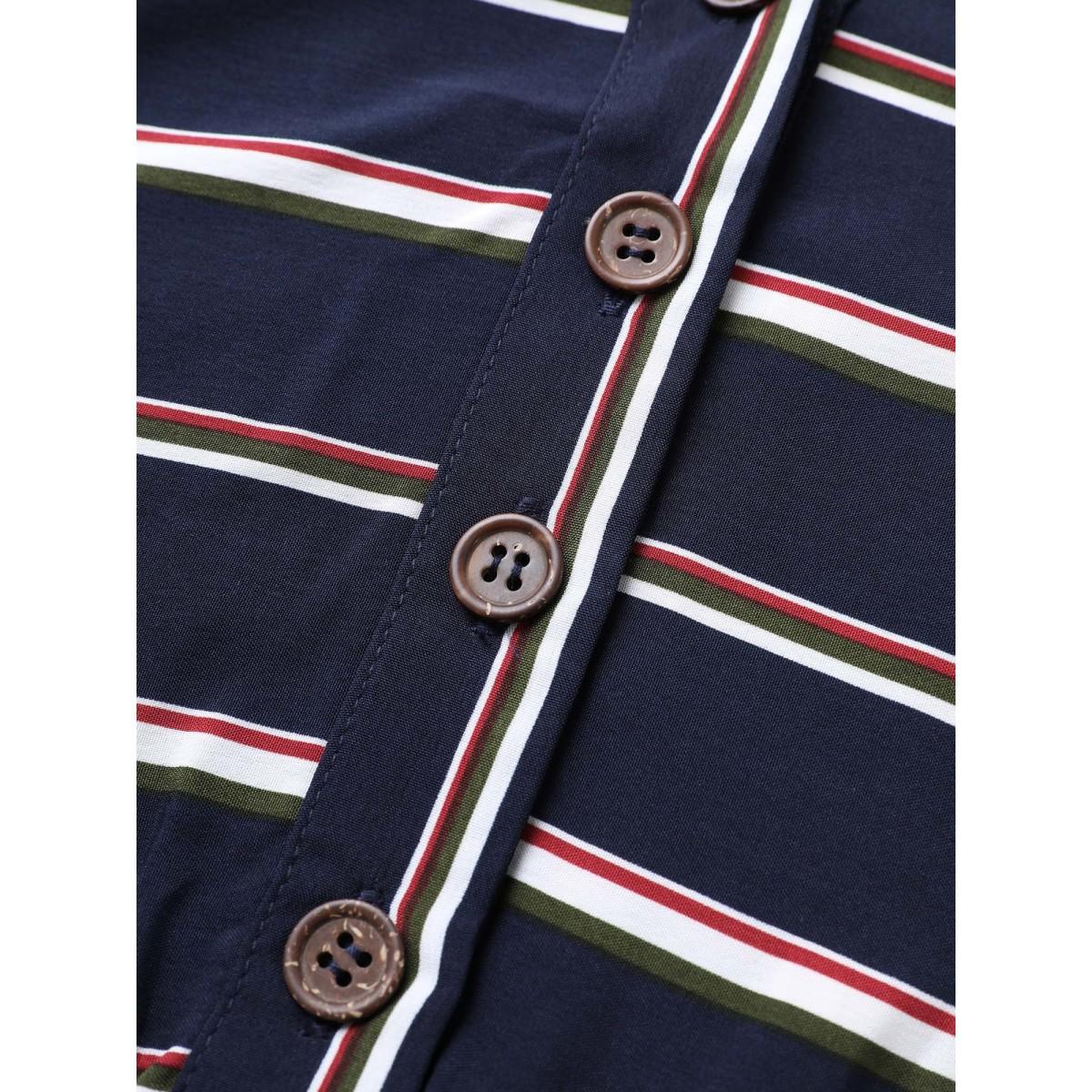 Plus Size Notched Collar Striped Elastic Waist Midi Dress DarkBlue Women At the Office Button Notched collar Short sleeve Curvy BloomChic 10/M Product Image