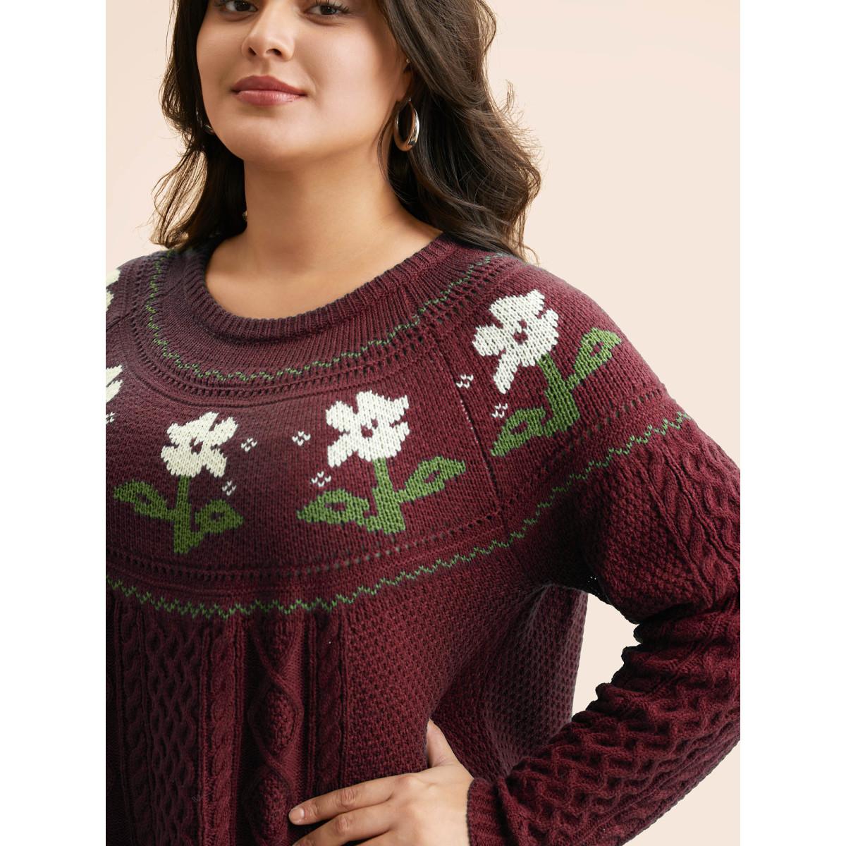 Plus Size Floral Jacquard Raglan Sleeve Pullover Deepred Women Leisure Long Sleeve Round Neck Casual Pullovers BloomChic 12/L Product Image