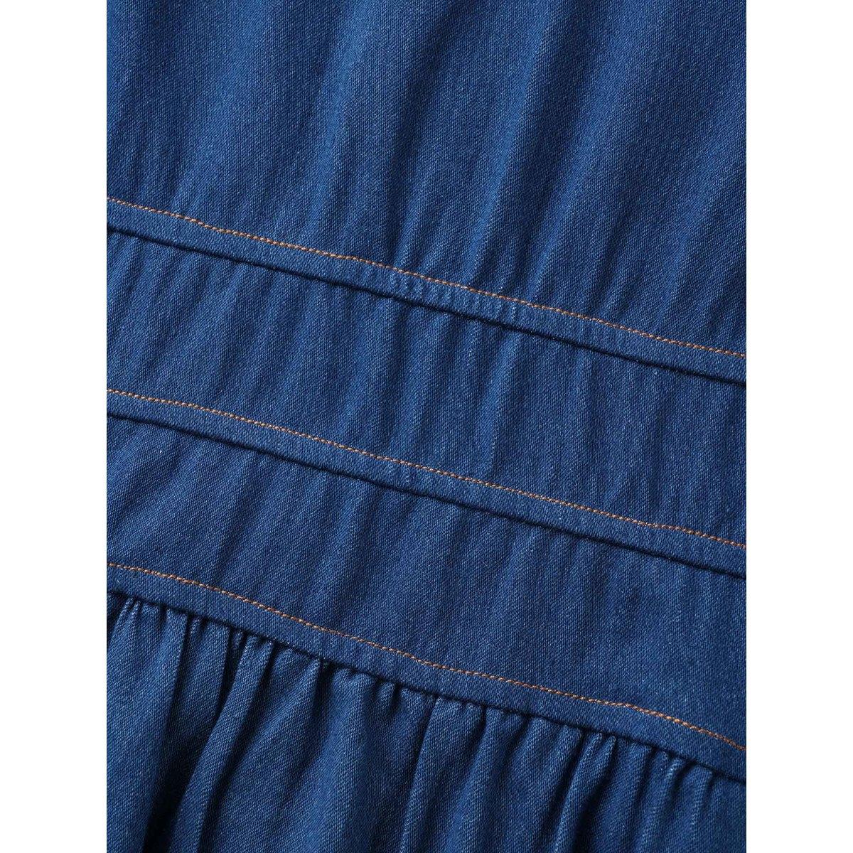 Plus Size Stretch Denim Pockets Tiered Midi Dress DarkBlue Women Resort Topstitching V-neck Short sleeve Curvy BloomChic 26/4X Product Image