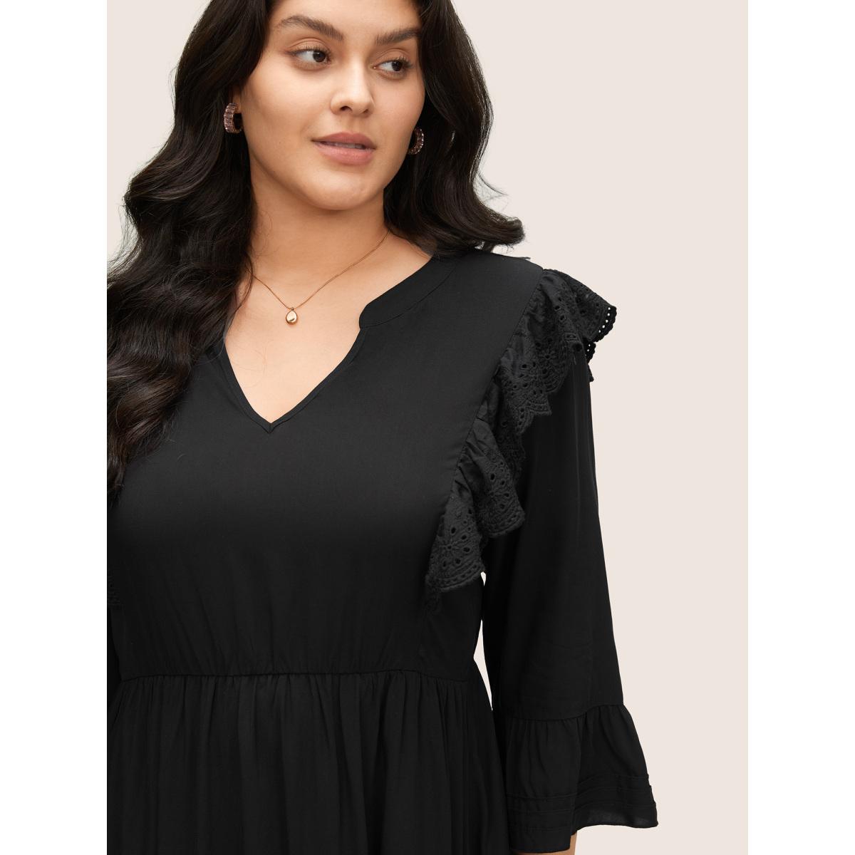 Plus Size Solid Laser Cut Flutter Trim Bell Sleeve Dress Black Women Elegant Non Notched collar Elbow-length sleeve Curvy Knee Dress BloomChic 28/5X Product Image
