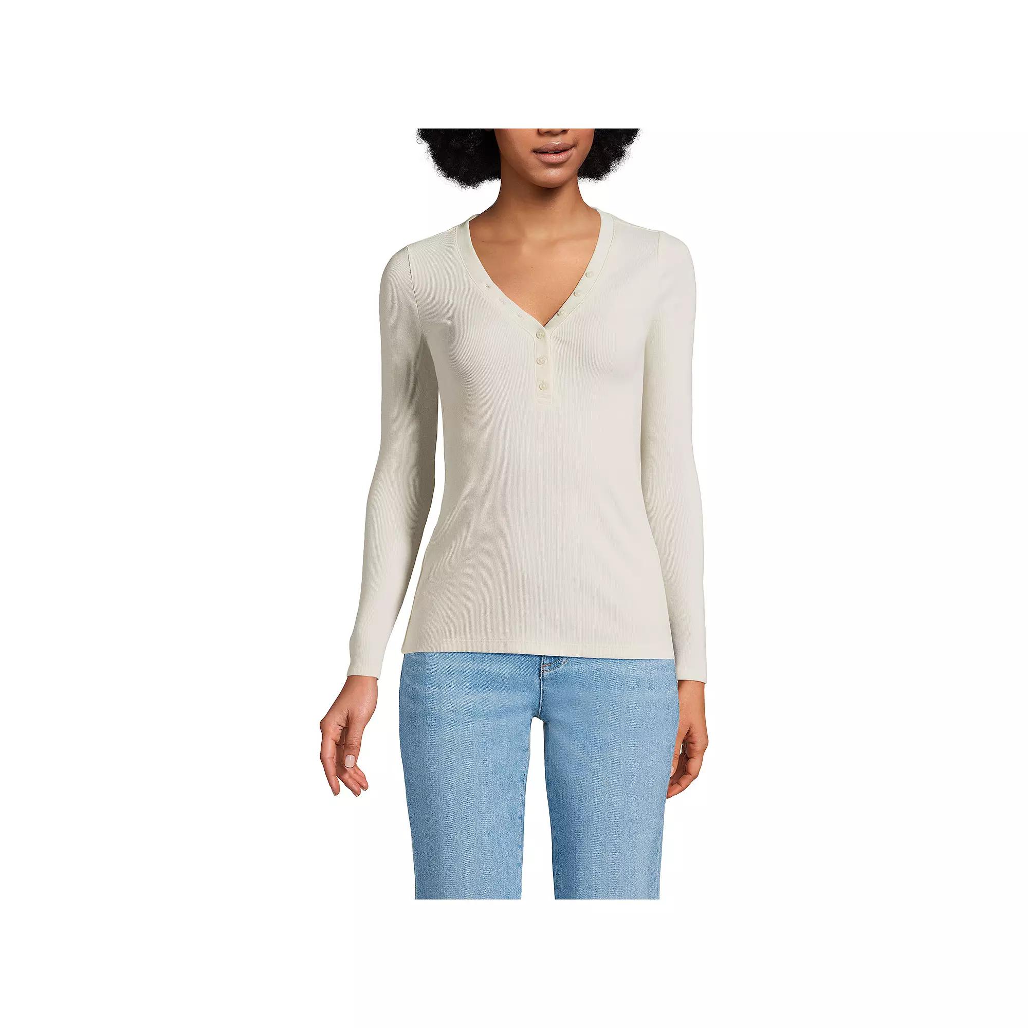Petite Lands' End Long Sleeve Ribbed Henley, Women's, Size: Medium Petite, Fresh Ivory Product Image