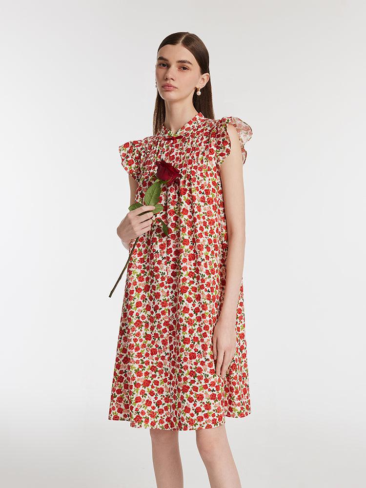 Rose Print Ruffle Sleeves Mandarin Collared Women Mini Dress Product Image