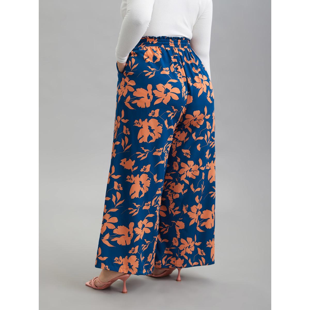 Plus Size Floral Smocked Waist Flared Leg Pants Women DarkBlue Elegant Wide Leg Mid Rise Everyday Pants BloomChic 30/6X Product Image