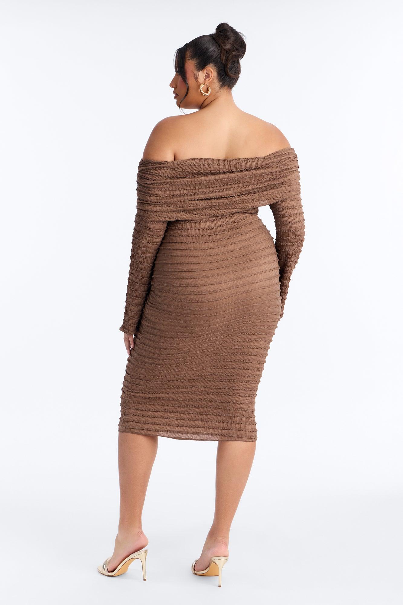 Marcy Off Shoulder Textured Midi Dress - Mocha Female Product Image