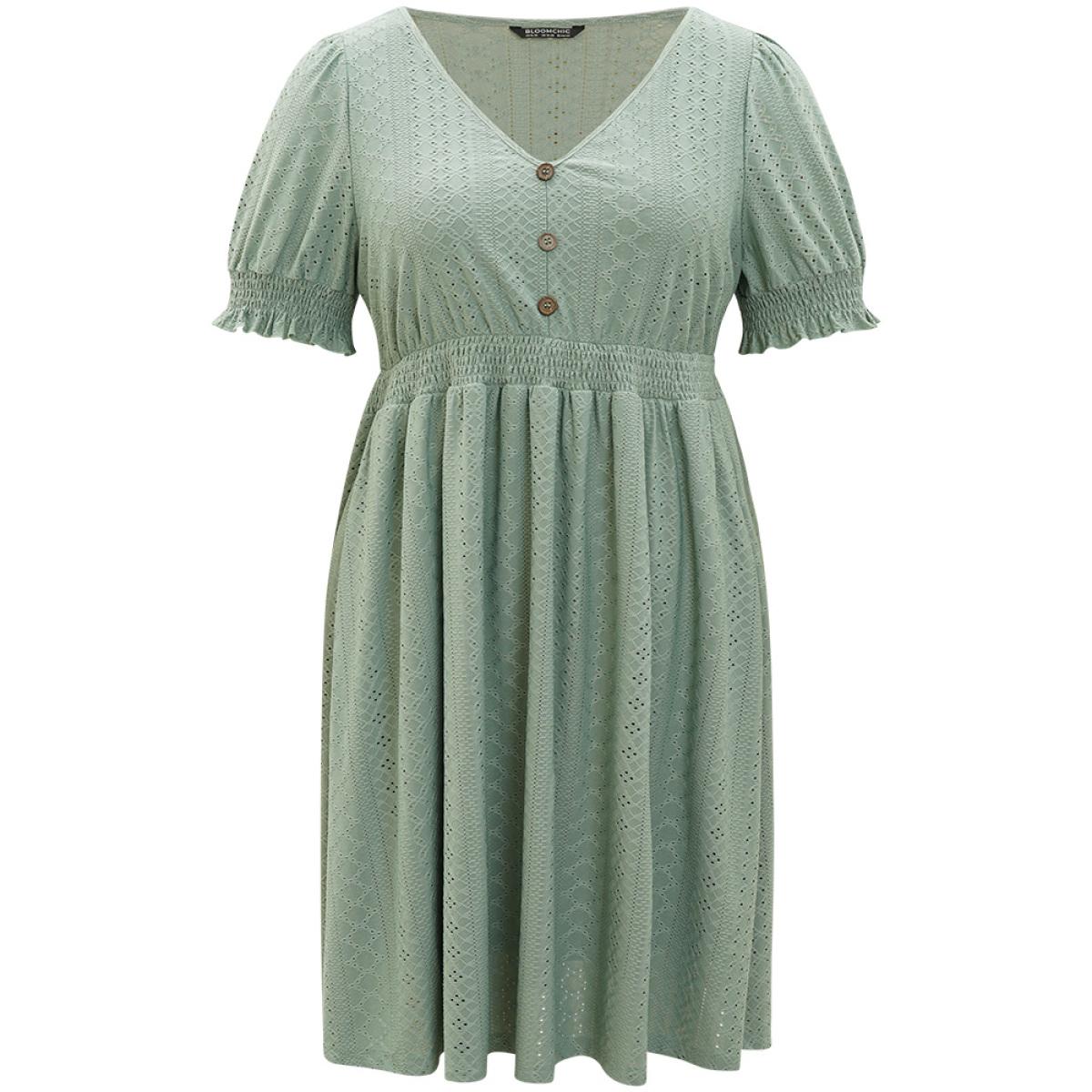Plus Size Geometric Eyelet Pocket Button Detail Shirred Dress Sage Women Office Elastic cuffs V-neck Short sleeve Curvy Midi Dress BloomChic 14-16/1X Product Image