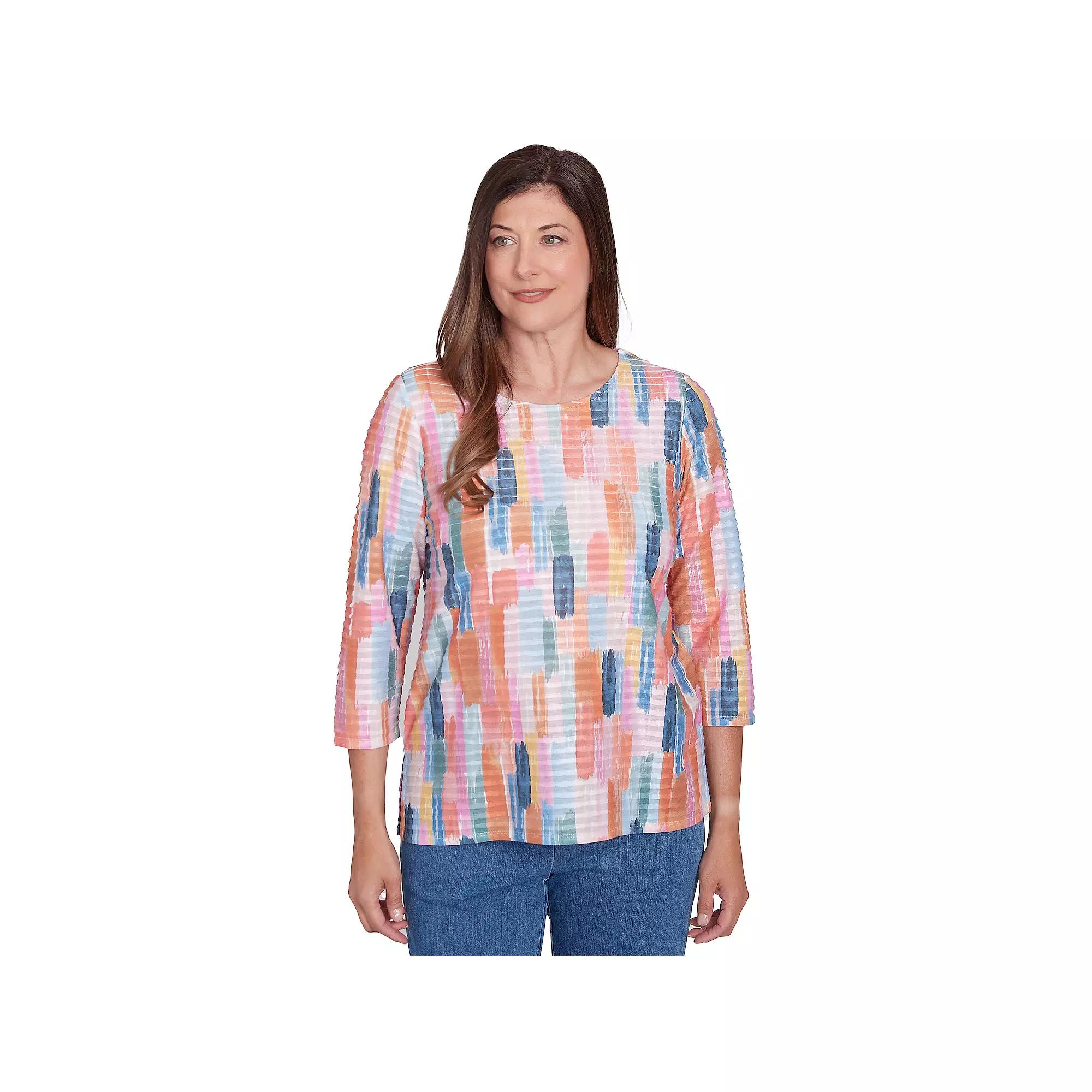 Petite Alfred Dunner Mini Ruffle Brushstroke Crewneck Top, Women's, Size: XL Petite, Pink Product Image