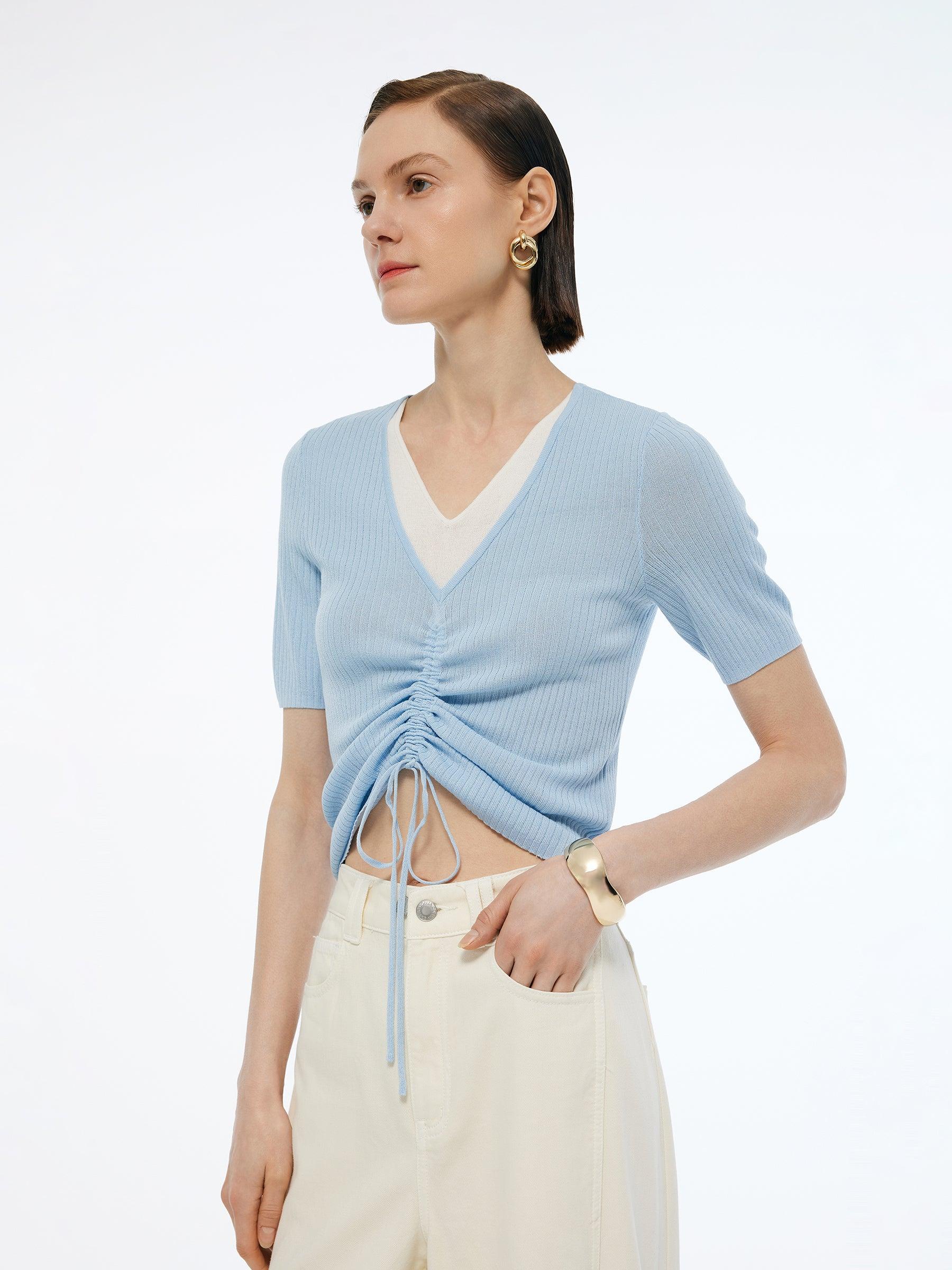 Lyocell Blend Drawstring Women Patchwork Knit Top Product Image