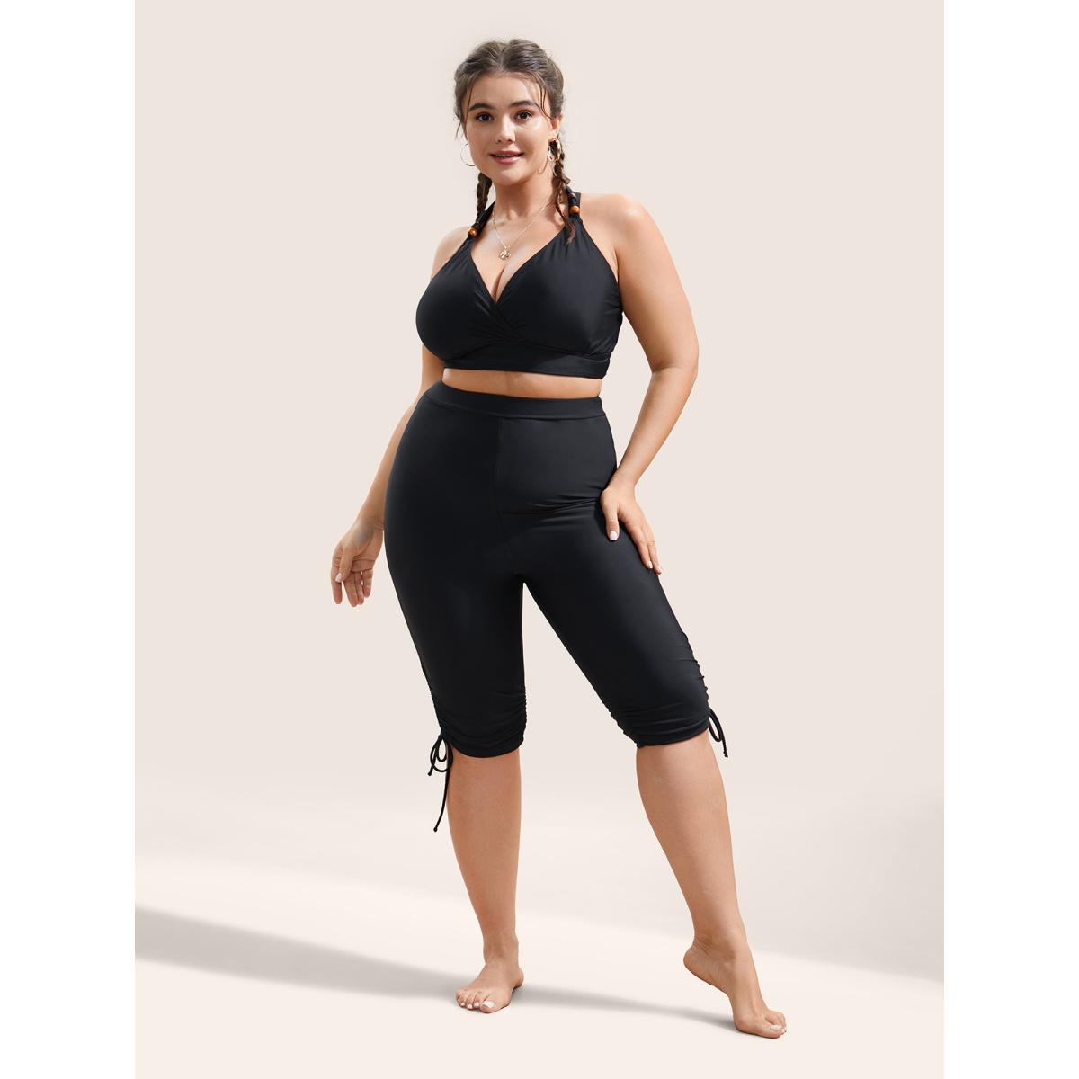 Plus Size Solid High Rise Drawstring Side Swim Bottom Women's Swimwear Black Beach Drawstring High stretch Skinny High Rise Curve Swim Bottoms BloomChic 12/L Product Image