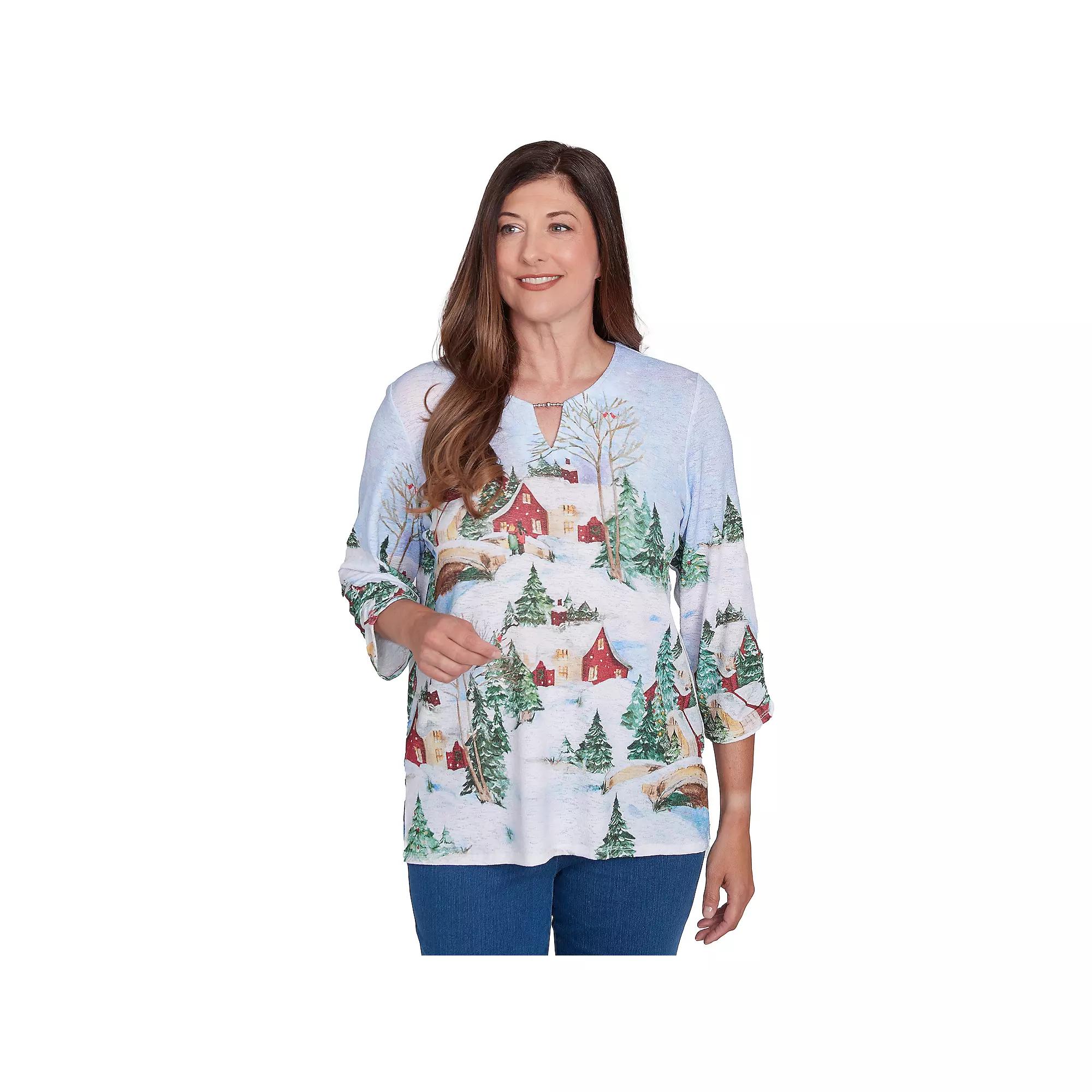 Petite Alfred Dunner Split Neck Winter Wonderland Top, Women's, Size: XL Petite, Multi Blue Product Image