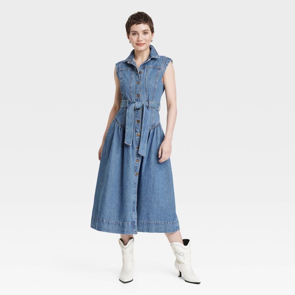Women's Tie-Waist Midi A-Line Dress - Universal Thread™ Indigo 14: Button Down, Side Pockets Product Image