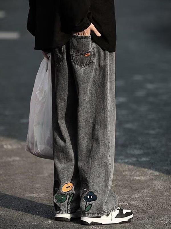 Men's Distressed Interesting Flower Embroidery Loose Jeans Product Image