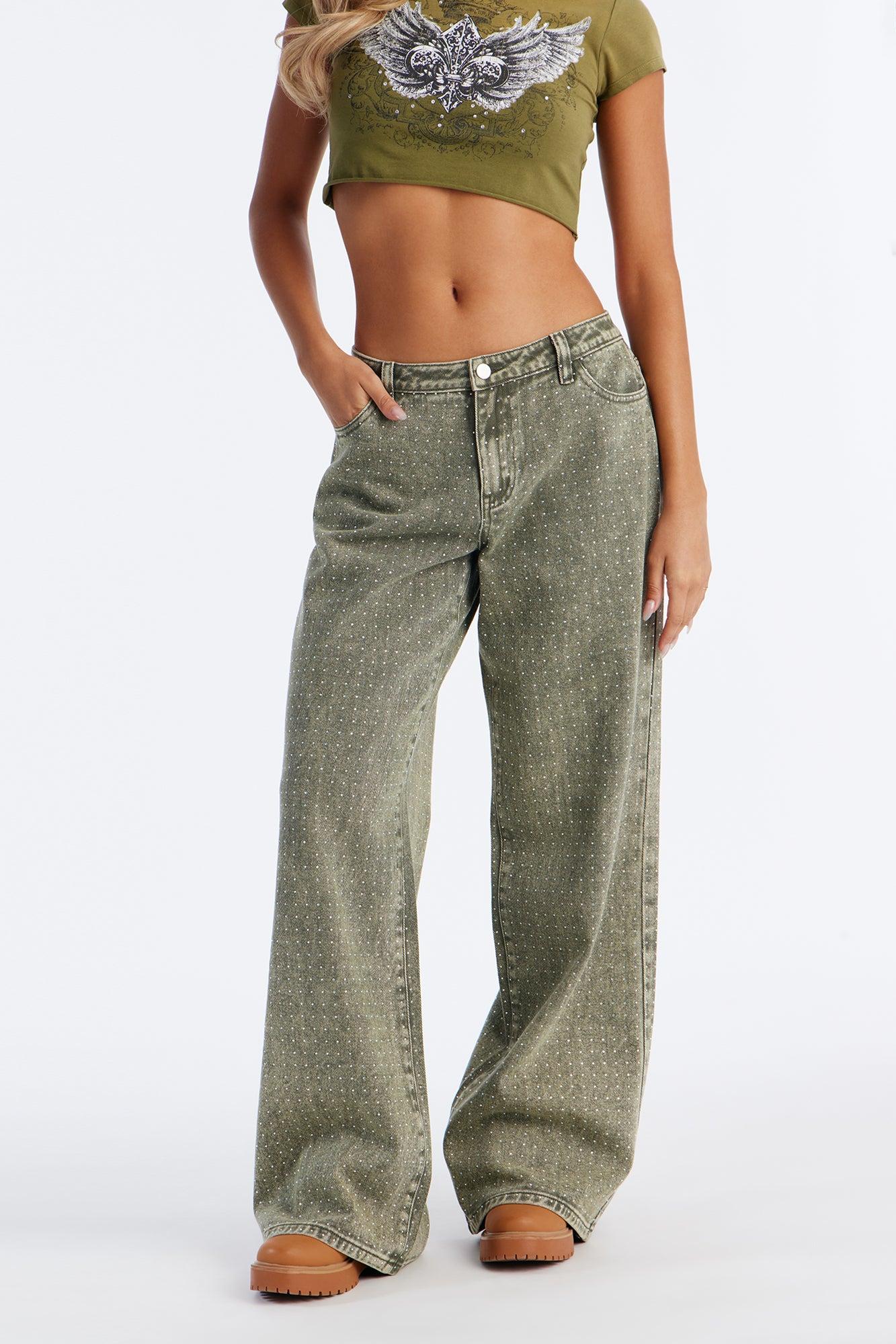 Dazzling Days Low Rise Washed Embellished Pant - Olive Female Product Image