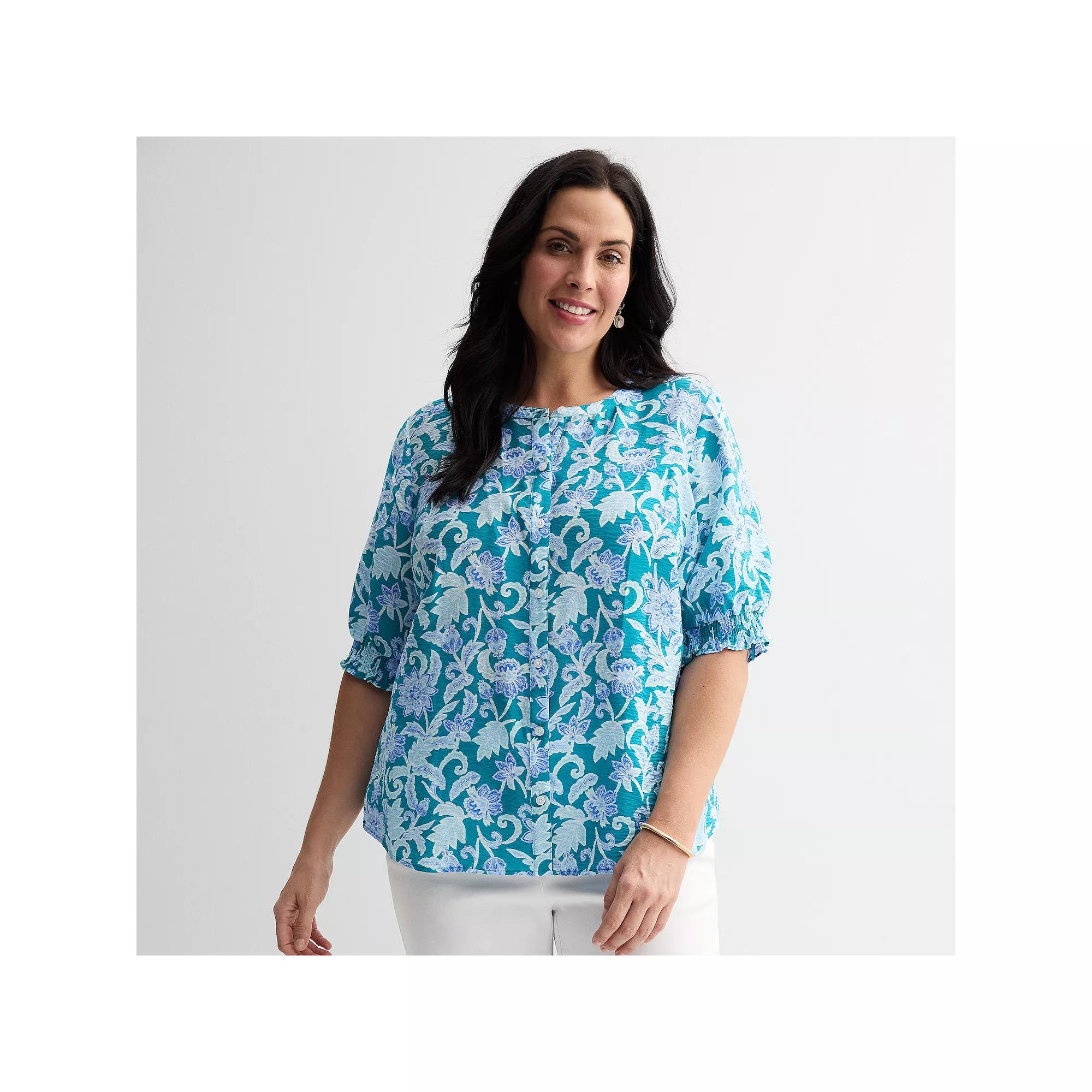 Plus Size Croft & Barrow® Woven Split Neck Top, Women's, Size: 2XL, Teal Blue Fun Garden Product Image