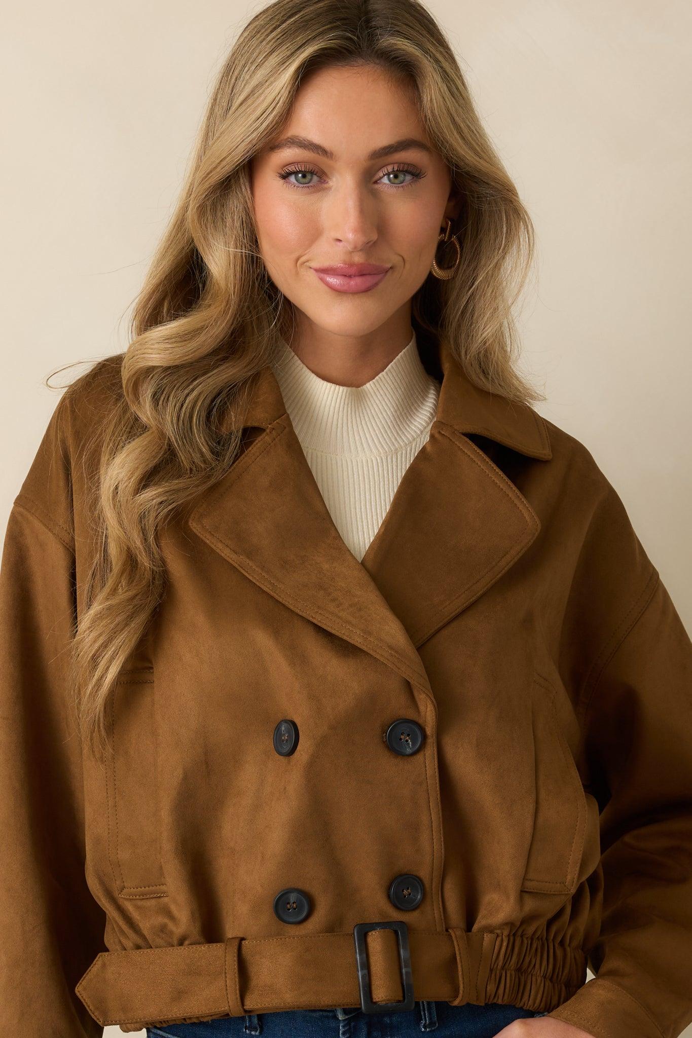 Soft Focus Camel Brown Faux Suede Cropped Trench Coat Product Image