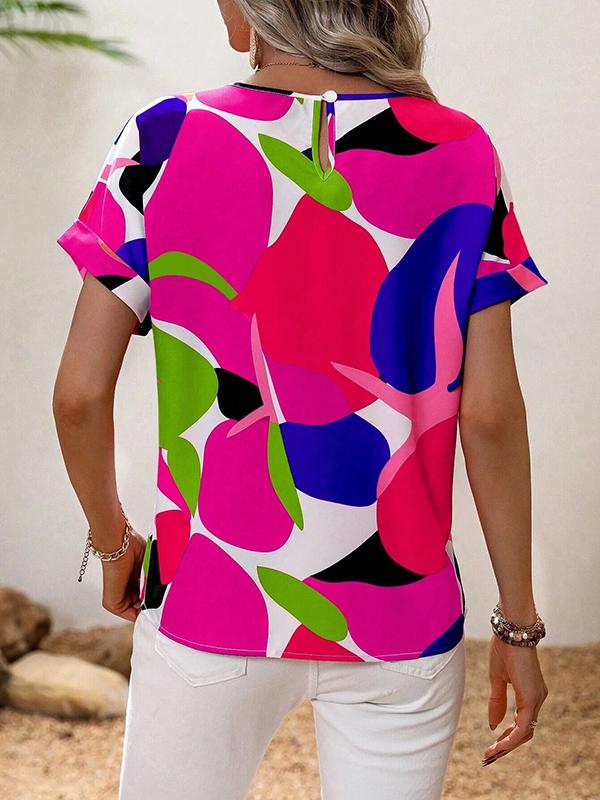 Loose Short Sleeves Contrast Color Hollow Printed Split-Joint Round-neck T-Shirts Tops Product Image