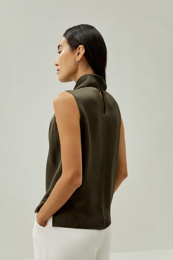 LILYSILK Silk Blouse Women - Dark Olive Mulberry Silk - Elegant Cowl Neck Blouse XS Product Image