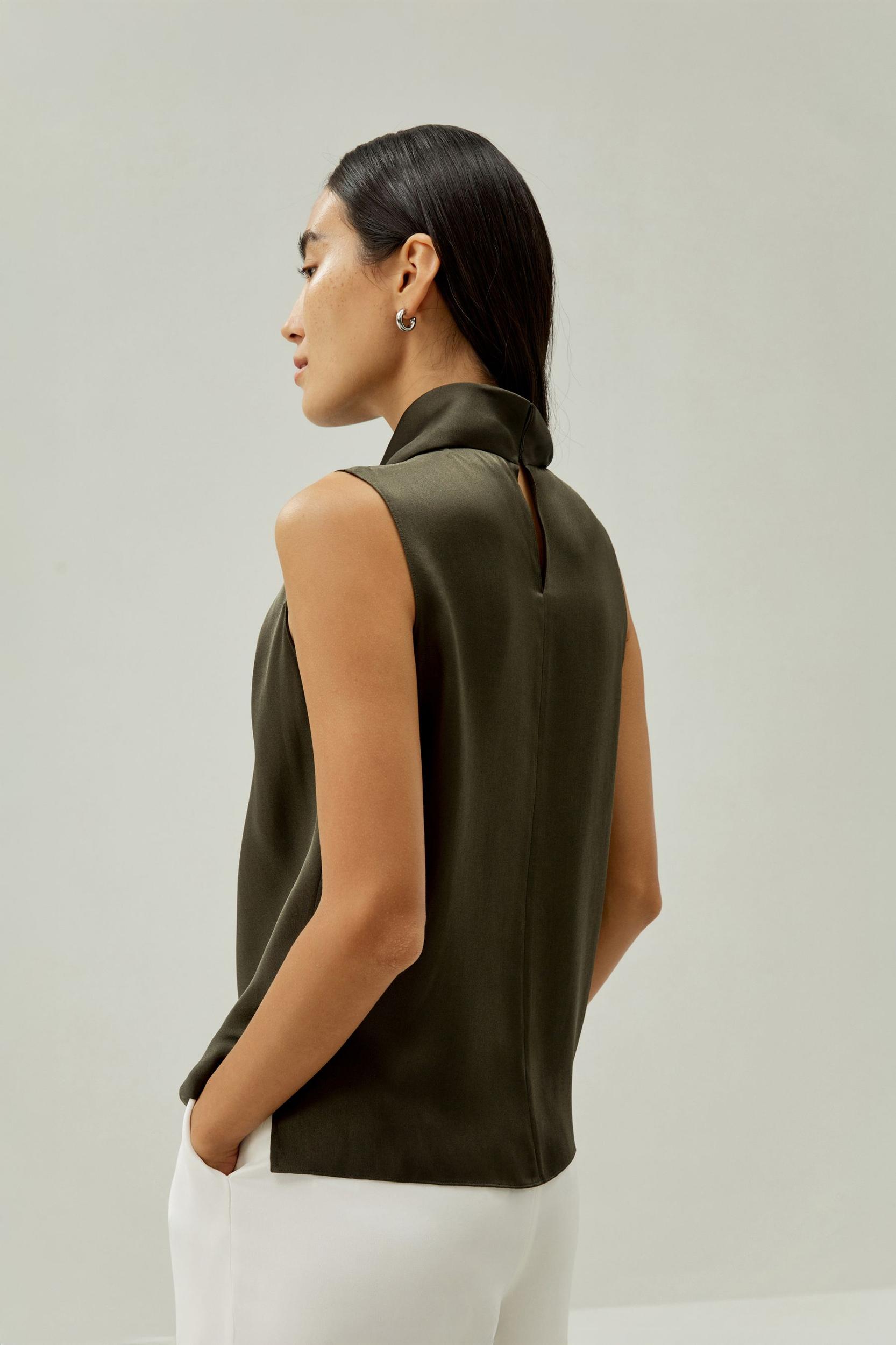 LILYSILK Silk Blouse Women - Dark Olive Mulberry Silk - Elegant Cowl Neck Blouse XS Product Image