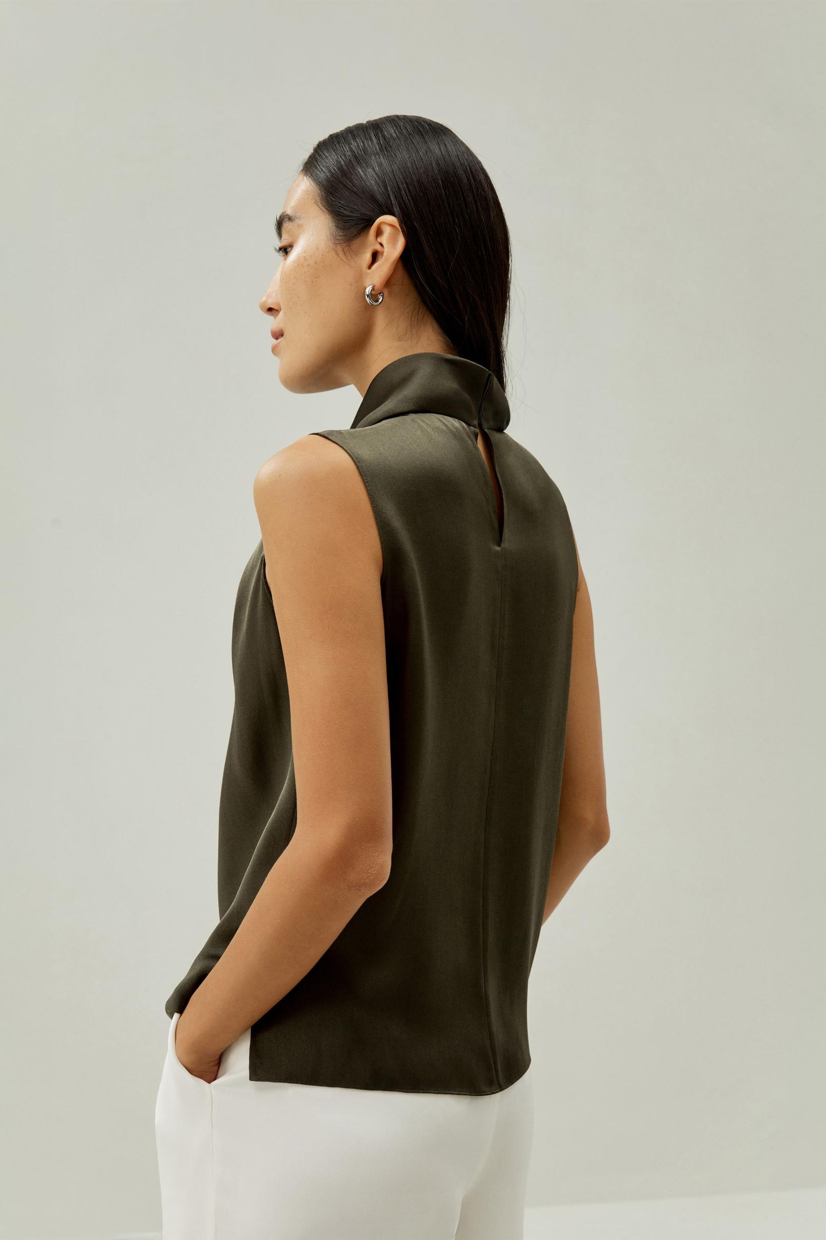 LILYSILK Silk Blouse Women - Dark Olive Mulberry Silk - Elegant Cowl Neck Blouse XS Product Image