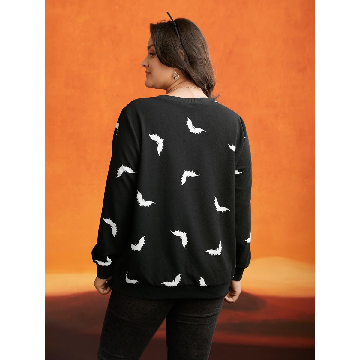 Plus Size Bat Print V-Neck Sweatshirt Women Black Casual Patchwork Loose V-neck Everyday Sweatshirts BloomChic 22-24/3X Product Image