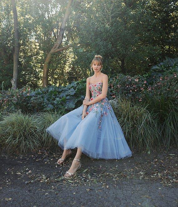 Mac Duggal Embroidered Mesh Floral Sweetheart Neck Sleeveless A-Line Midi Dress Product Image