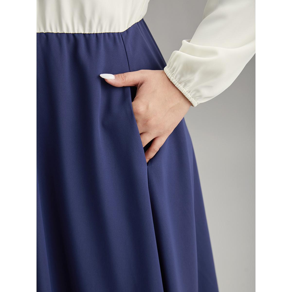 Plus Size Static-Free Contrast Button Detail Pocket Dress DarkBlue Women Elegant Elastic cuffs Round Neck Long Sleeve Curvy Midi Dress BloomChic 10/M Product Image