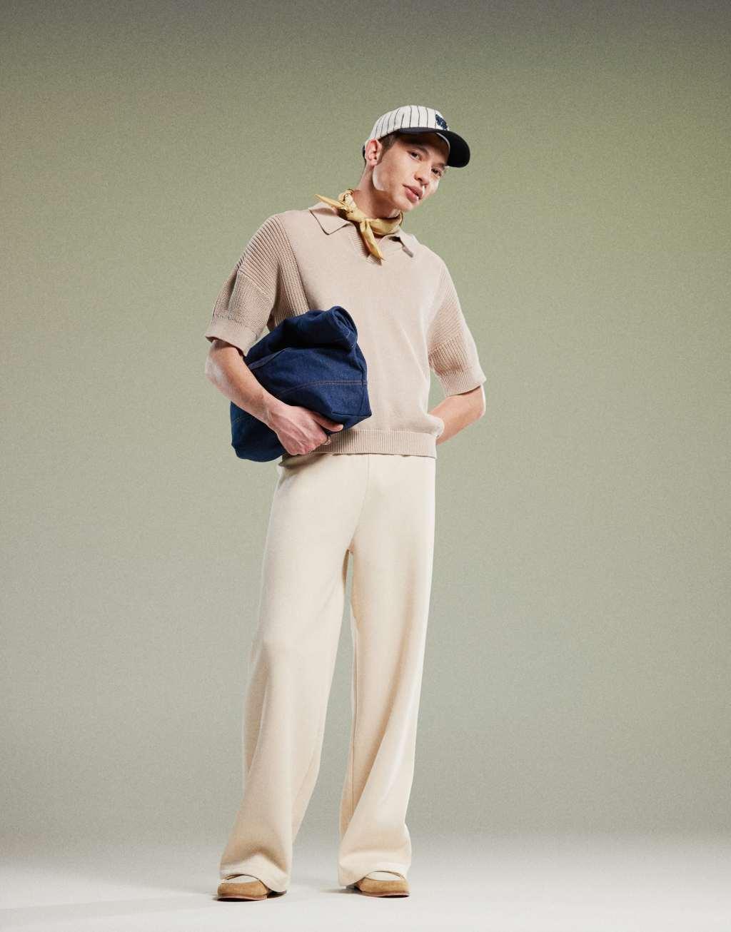 ASOS DESIGN relaxed boxy fit knit notch neck polo in stone Product Image