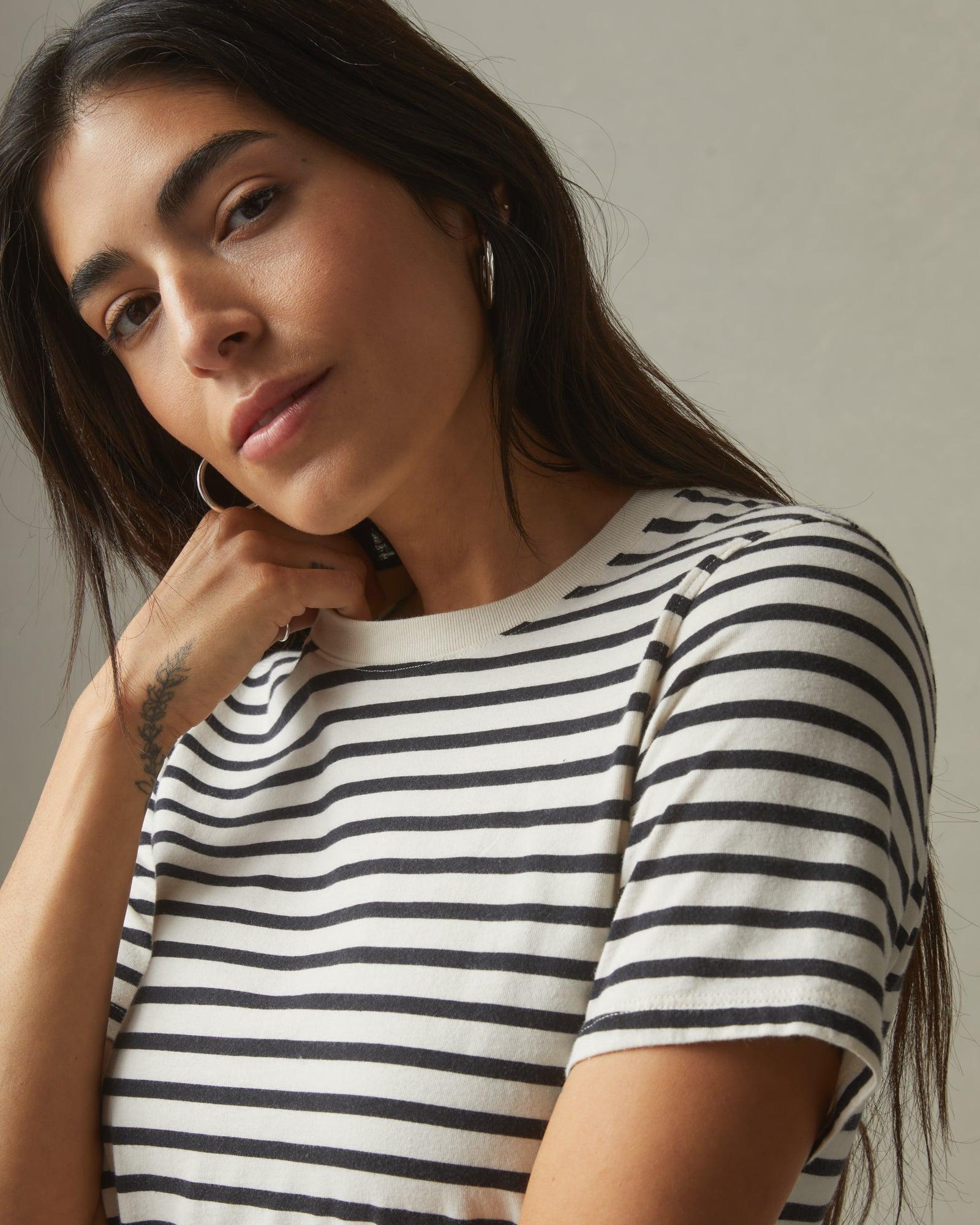 Women's Striped Classic Cotton Crew - Turtledove/Dark Navy Female Product Image
