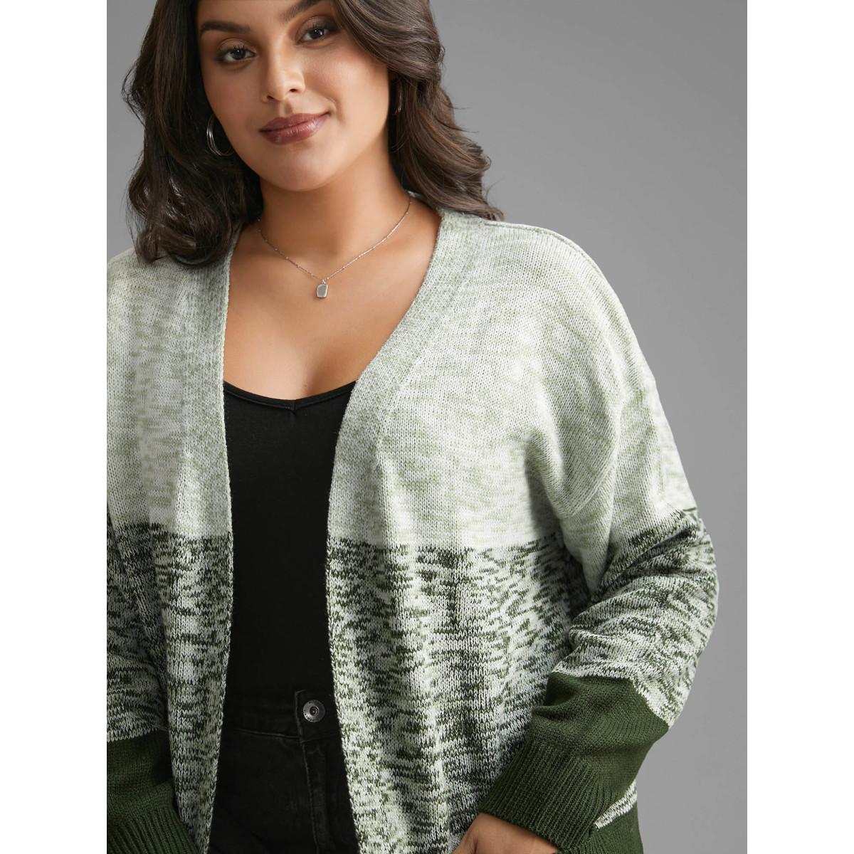Plus Size Heather Colorblock Contrast Patched Pocket Cardigan ArmyGreen Women Casual Loose Long Sleeve Everyday Cardigans BloomChic 28/5X Product Image