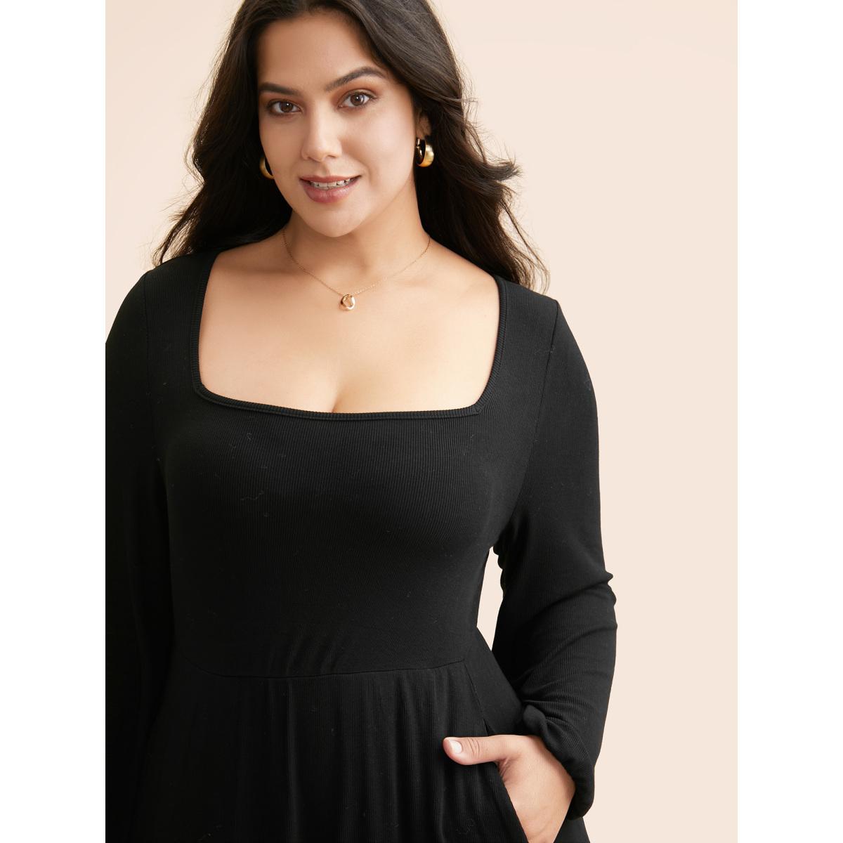 Plus Size Supersoft Essentials Elastic Waist Midi Dress Black Women Basics Texture Square Neck Long Sleeve Curvy BloomChic 18-20/2X Product Image