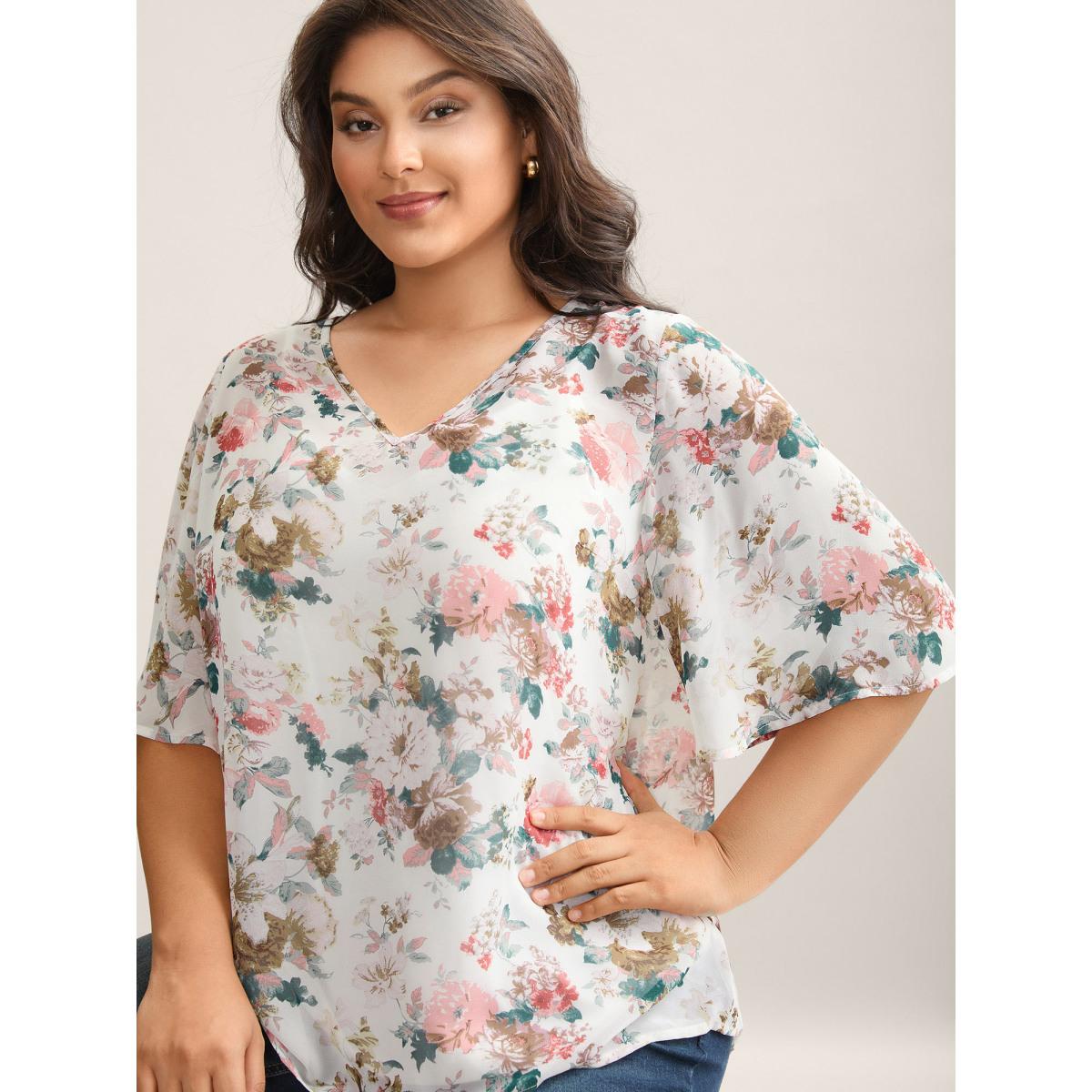 Plus Size Ivory Large Flower Print Sheer Lined Shirt Women Half Sleeve V-neck Everyday-Elegant Blouses BloomChic 28/5X Product Image