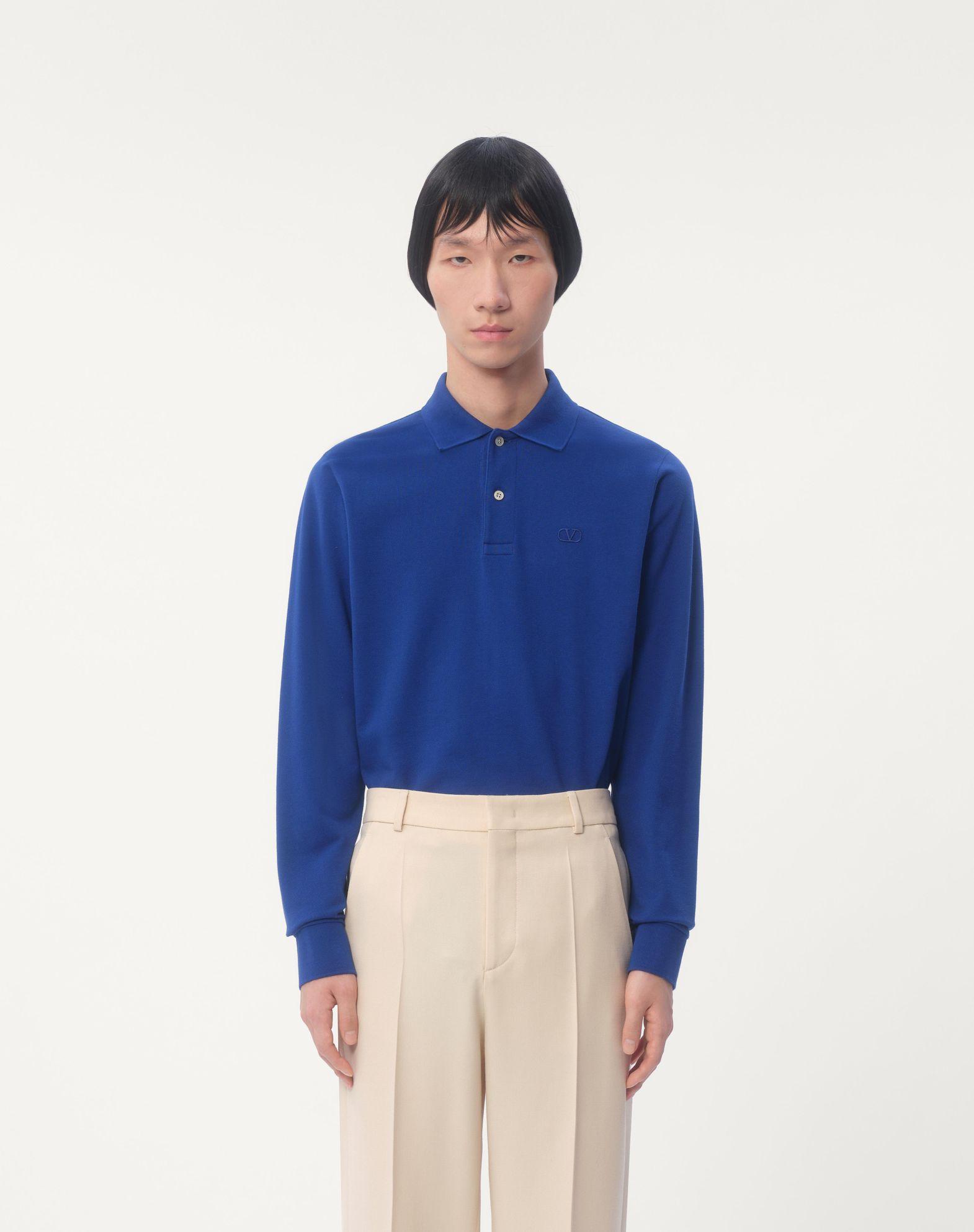 Long-Sleeved Cotton Piqué Polo Shirt With Vlogo Embroidery Product Image