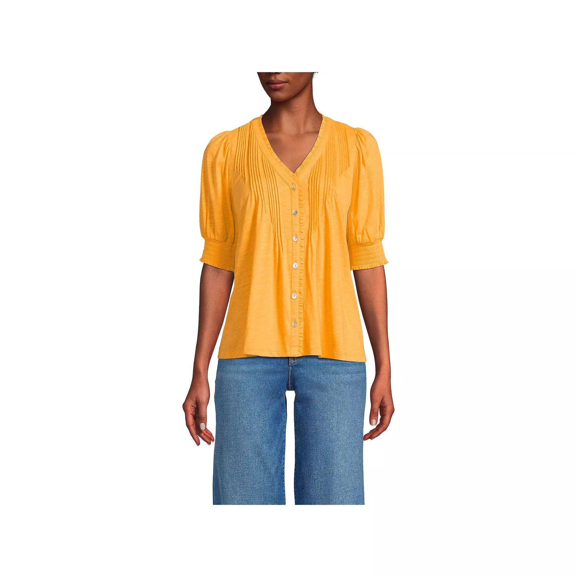 Women's Lands' End Button Pintuck Puff Sleeve Top,  Product Image
