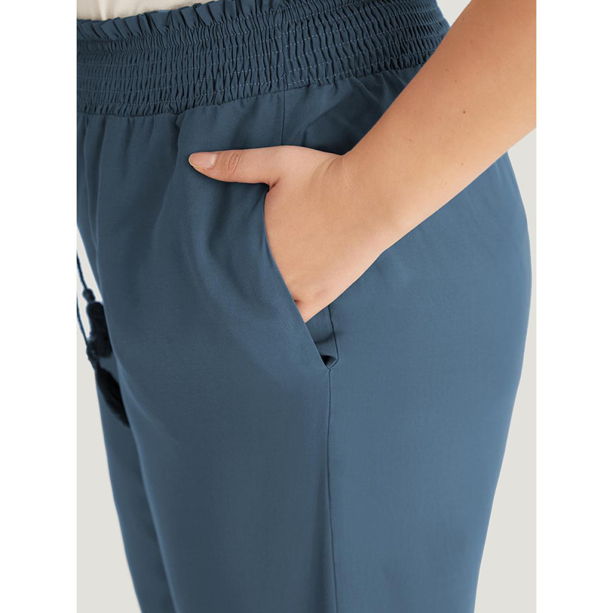 Plus Size Solid Shirred Bowknot Paperbag Waist Patchwork Pants Women Aegean Casual Straight Leg High Rise Dailywear Pants BloomChic 30/6X Product Image