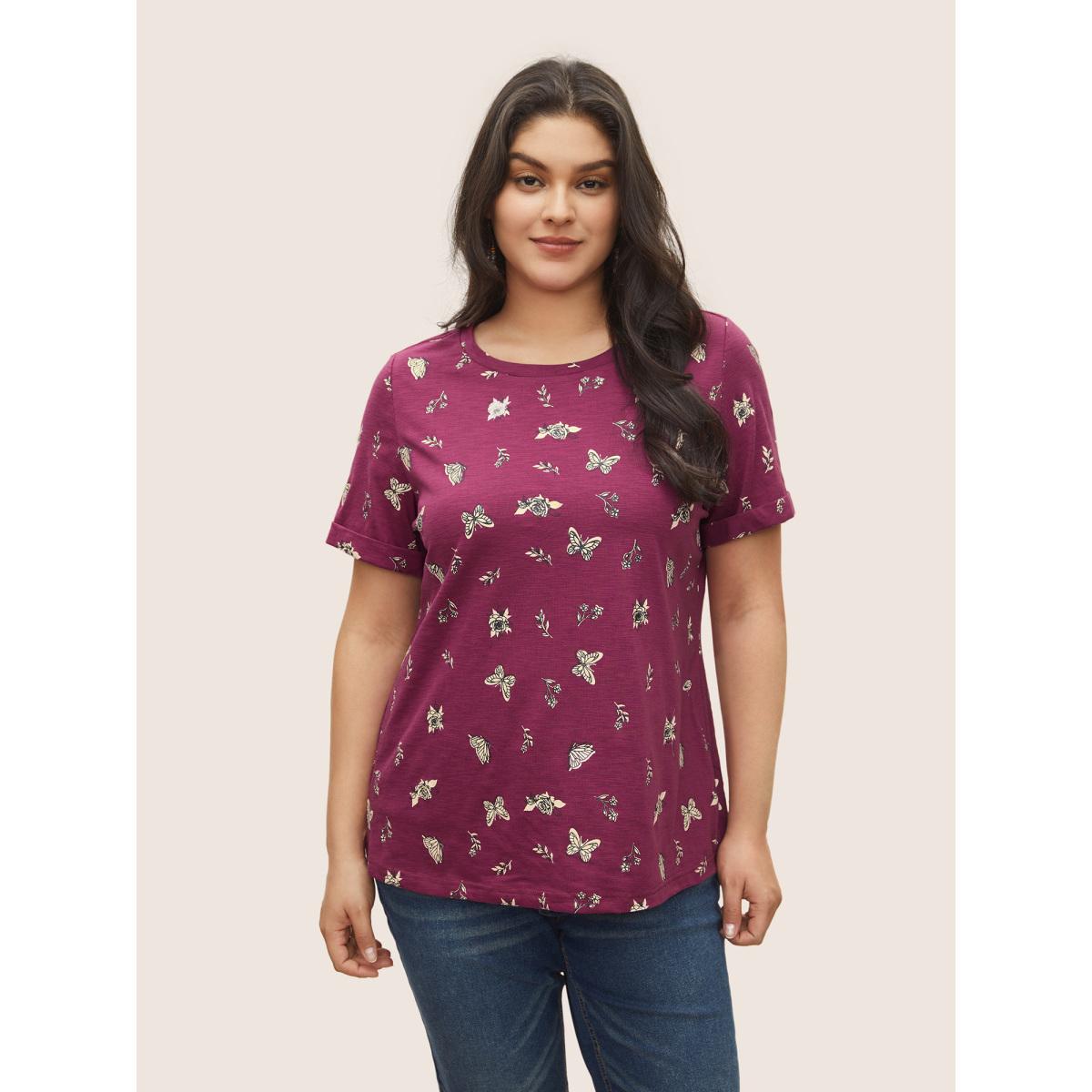Plus Size Butterfly Print Cuffed Sleeve T-shirt Purple Women Resort Non Animal Round Neck Vacation T-shirts BloomChic 30/6X Product Image