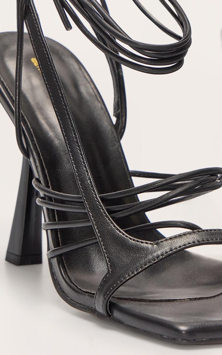 Black Pu Square Toe Asymmetric Strappy Lace Up High Heel Sandals Product Image