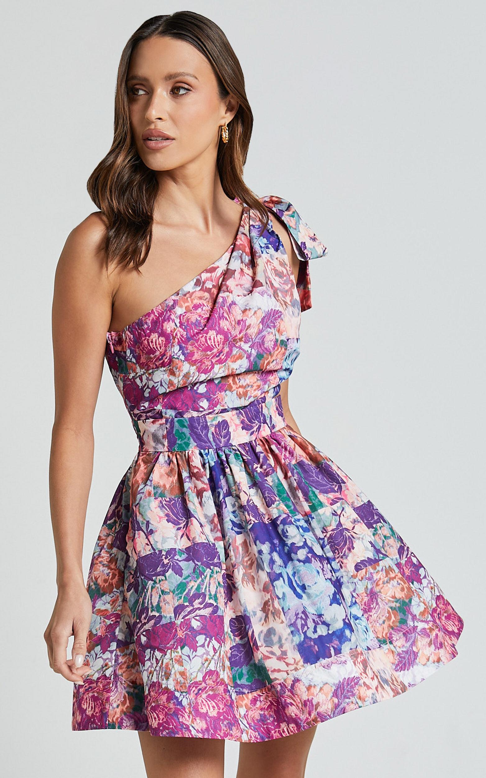 Alice Mini Dress - One Shoulder Side Cut Out Dress in Vintage Garden Print Product Image