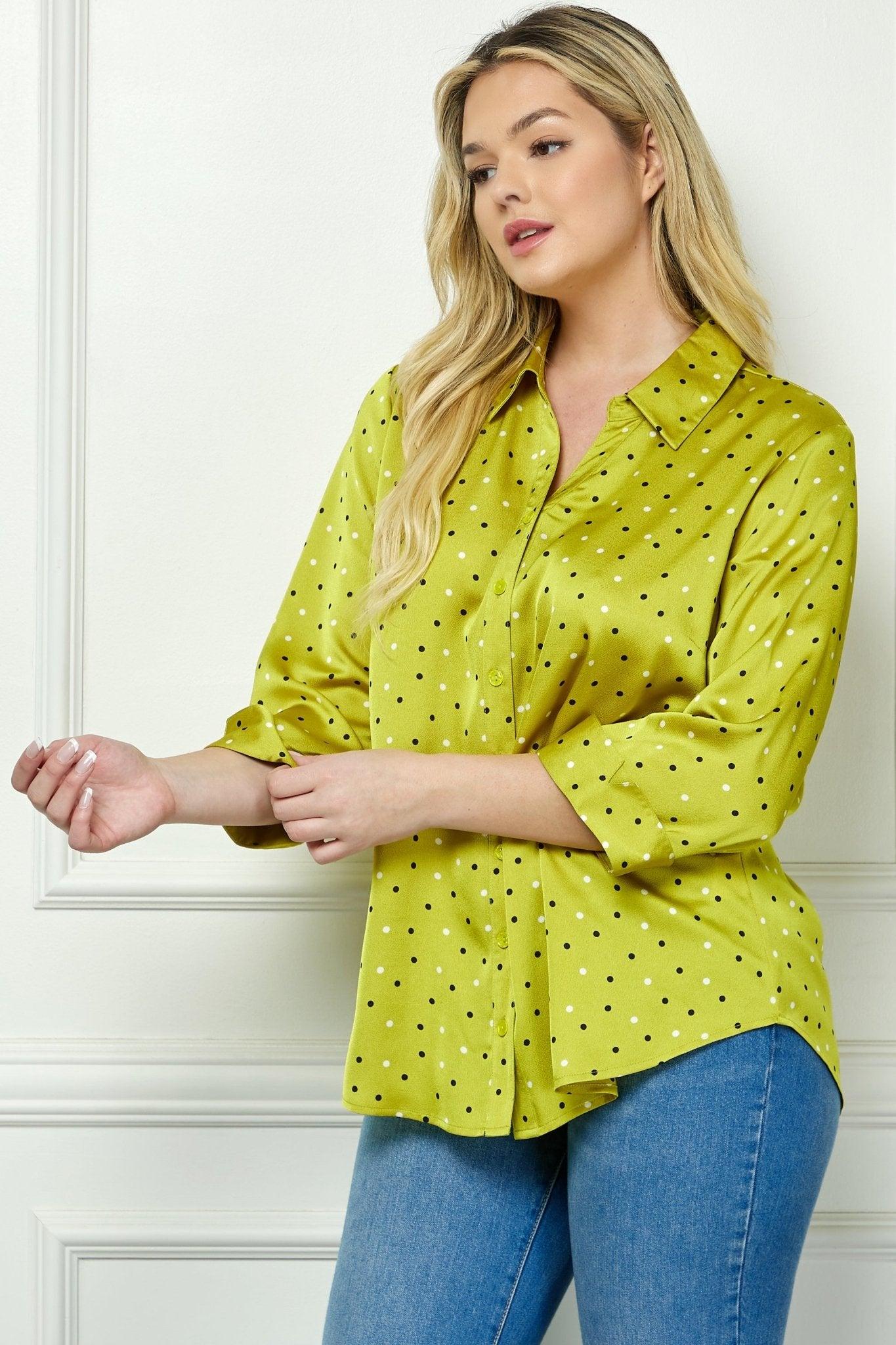 Chartreuse 3/4 Notch Sleeve Johnny Collar Button Front Top - Plus Product Image