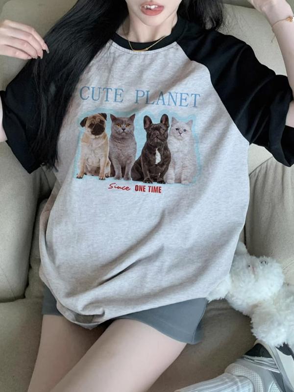 Cat Print Raglan Oversized Short Sleeve Tee Product Image