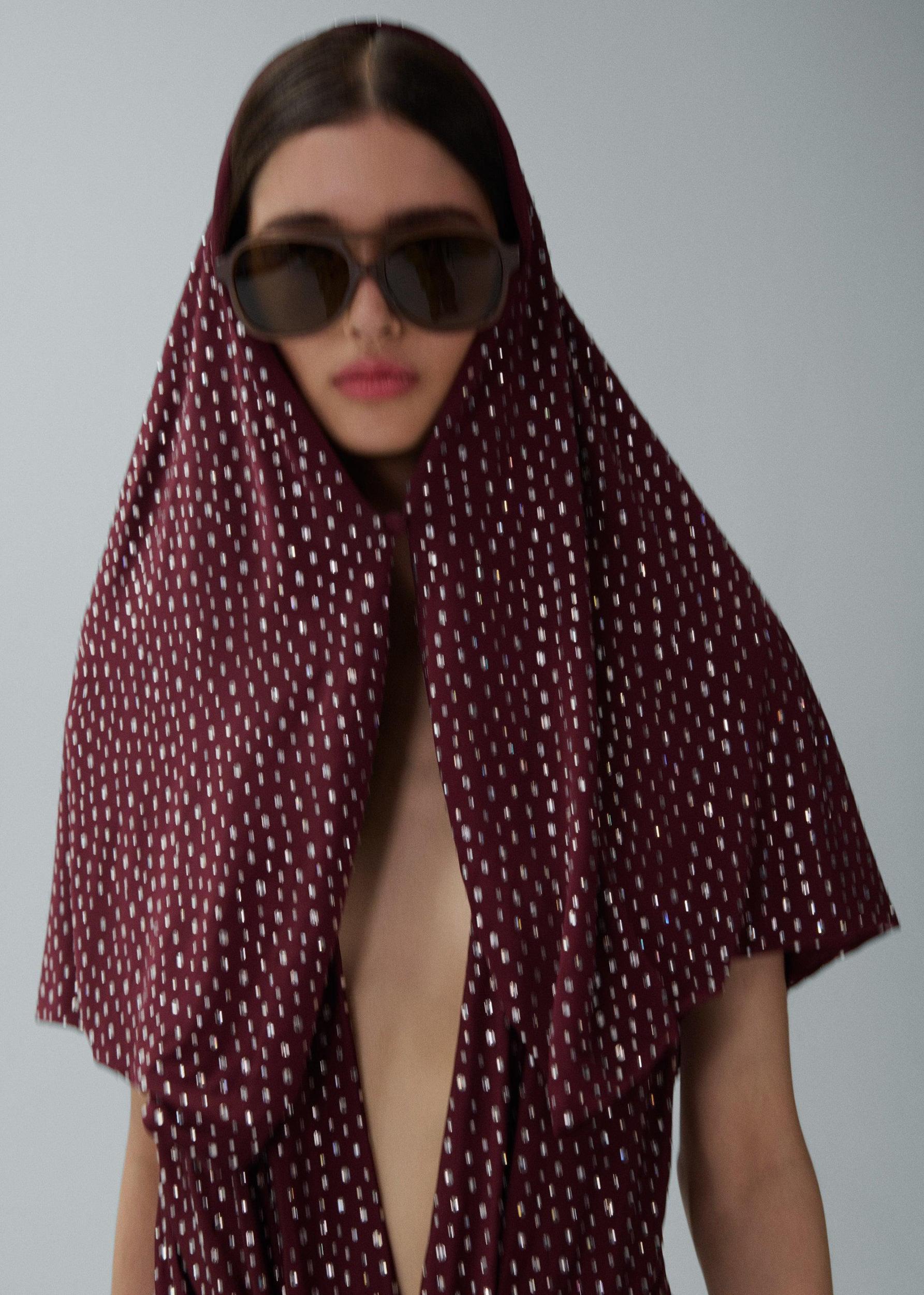 Hooded plunge maxi dress in bordeaux crystals Product Image