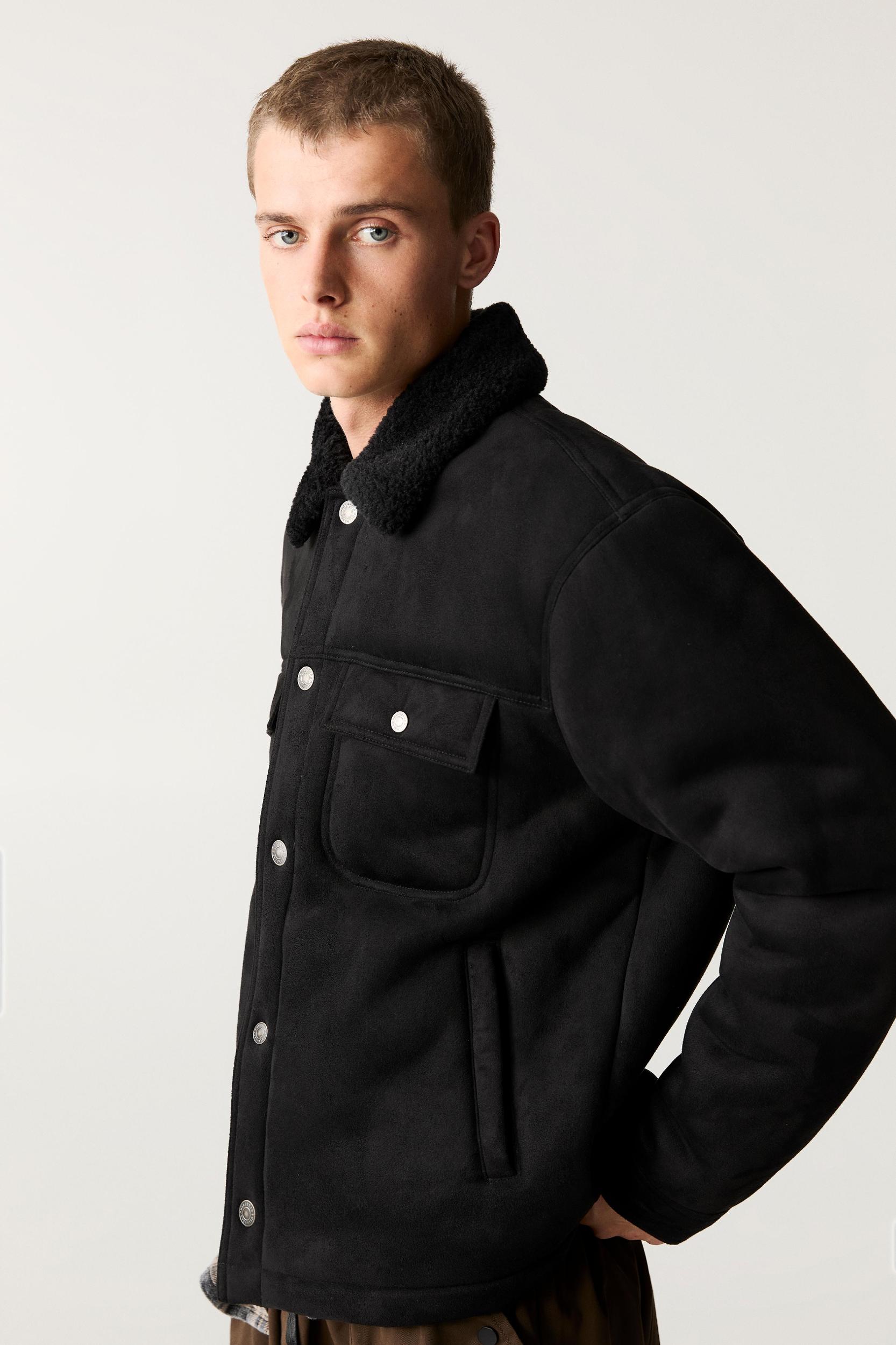 Faux suede jacket with faux shearling collar Product Image