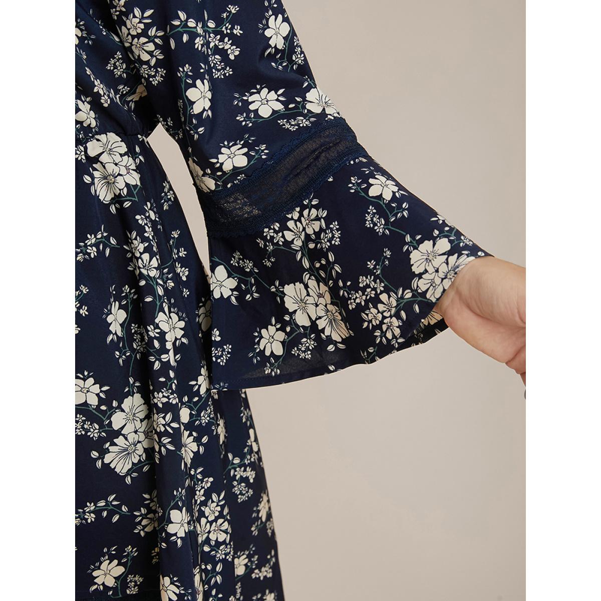 Plus Size Indigo Floral Bell Sleeve Button Through High Low Hem Blouse Women Elegant Elbow-length sleeve V-neck Dailywear Blouses BloomChic 26/4X Product Image
