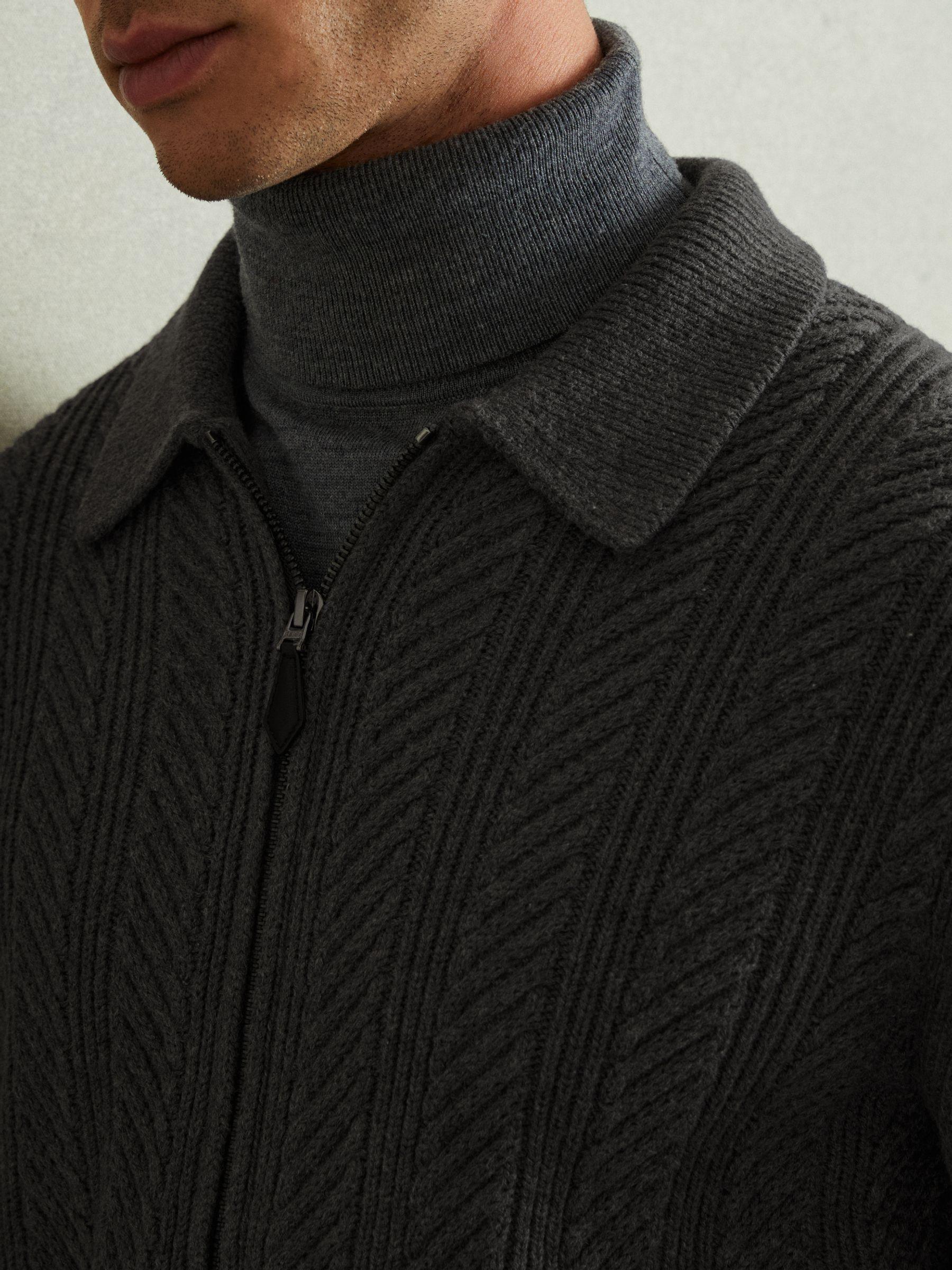 Zip Through Cabled Jumper with Cotton and Wool in Mid Grey Melange Product Image