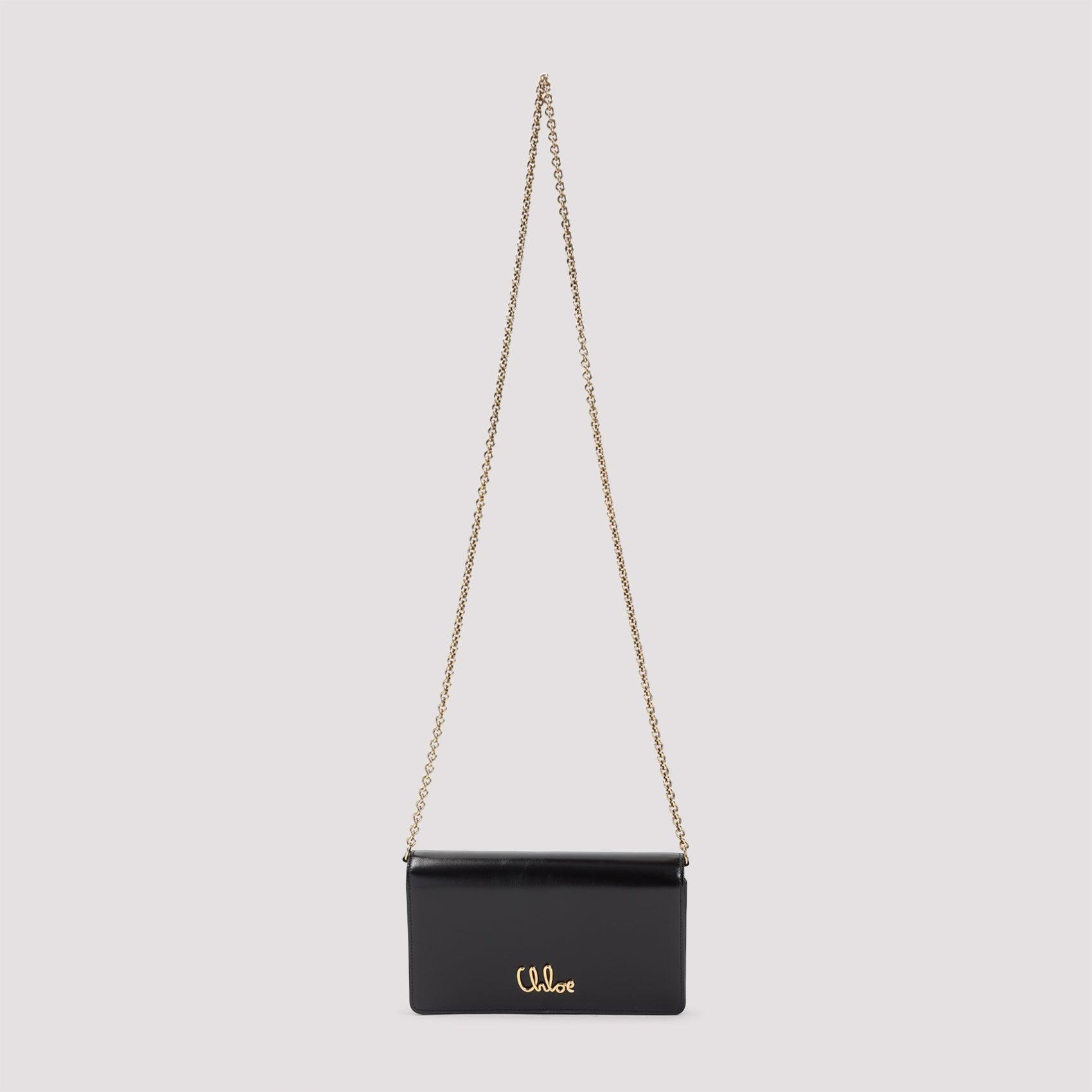CHLOÉ Iconic Flap Wallet On Chain In Shiny Calfskin In Black Product Image