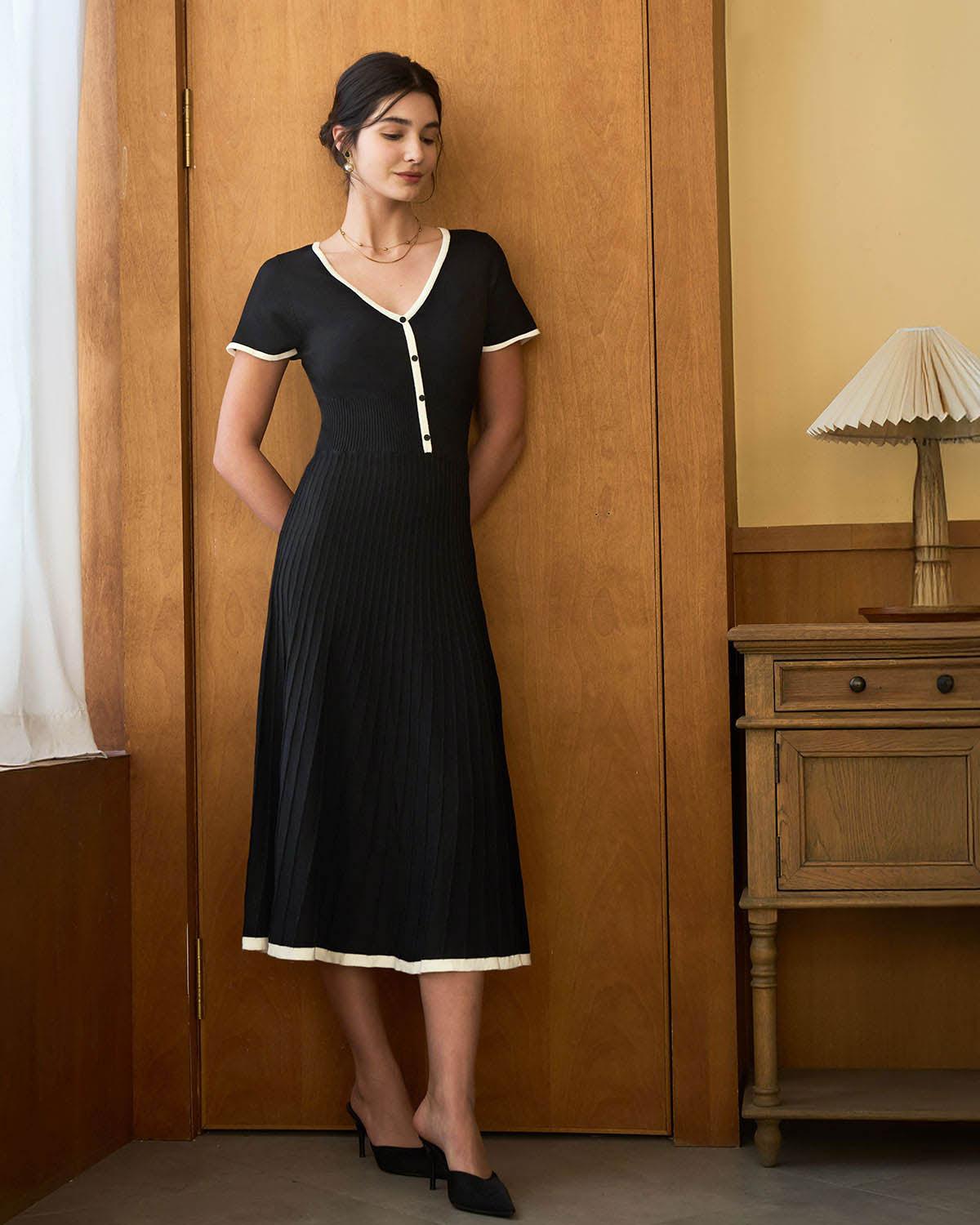Black Contrasting Sweater Midi Dress Product Image