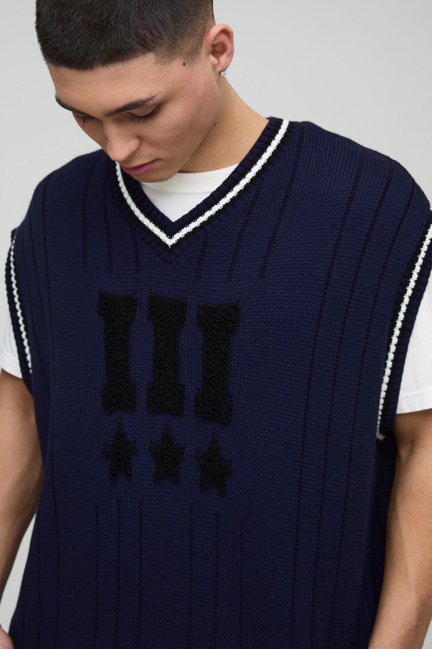 Oversized V Neck Varsity Stripe Knitted Undershirt | boohooMAN USA Product Image
