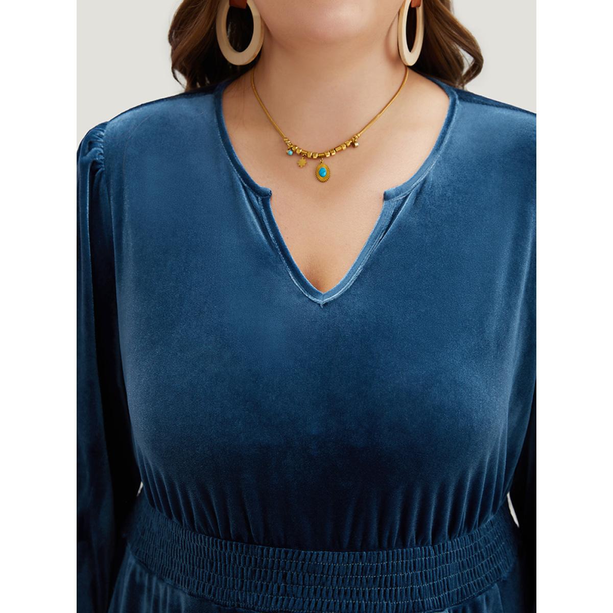 Plus Size Velvet Solid Notched Shirred Tiered Hem Dress Cerulean Women Vacation Elastic cuffs Notched collar Elbow-length sleeve Curvy Midi Dress BloomChic 14-16/1X Product Image